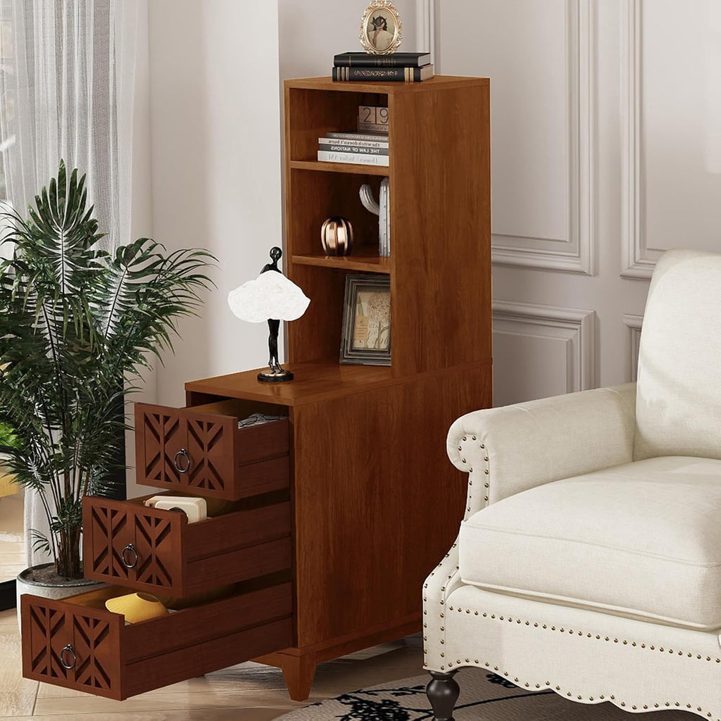Wood Tall Nightstand with Charging Station, 47.2' Tall End Table with 3 Storage Drawers and 2 Open Shelves, Narrow Slim Sofa Side Table for Small Spaces, Living Room, Bedroom,Corner, Walnut