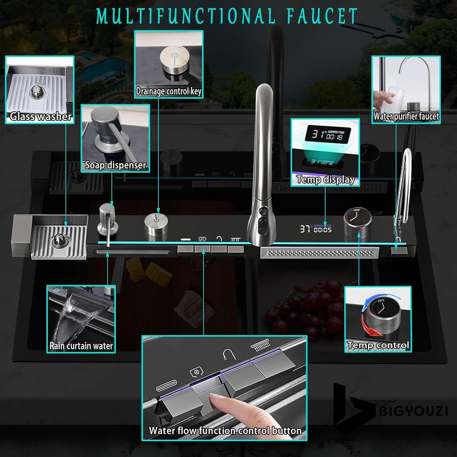 Sinks Undermount or Countertop Single Bowl Stainless Steel Kitchen Sink with Drain basket, cutting board, vegetable sink, multi-function pull-out faucet set (Black, 31.5x18x9 Inch)