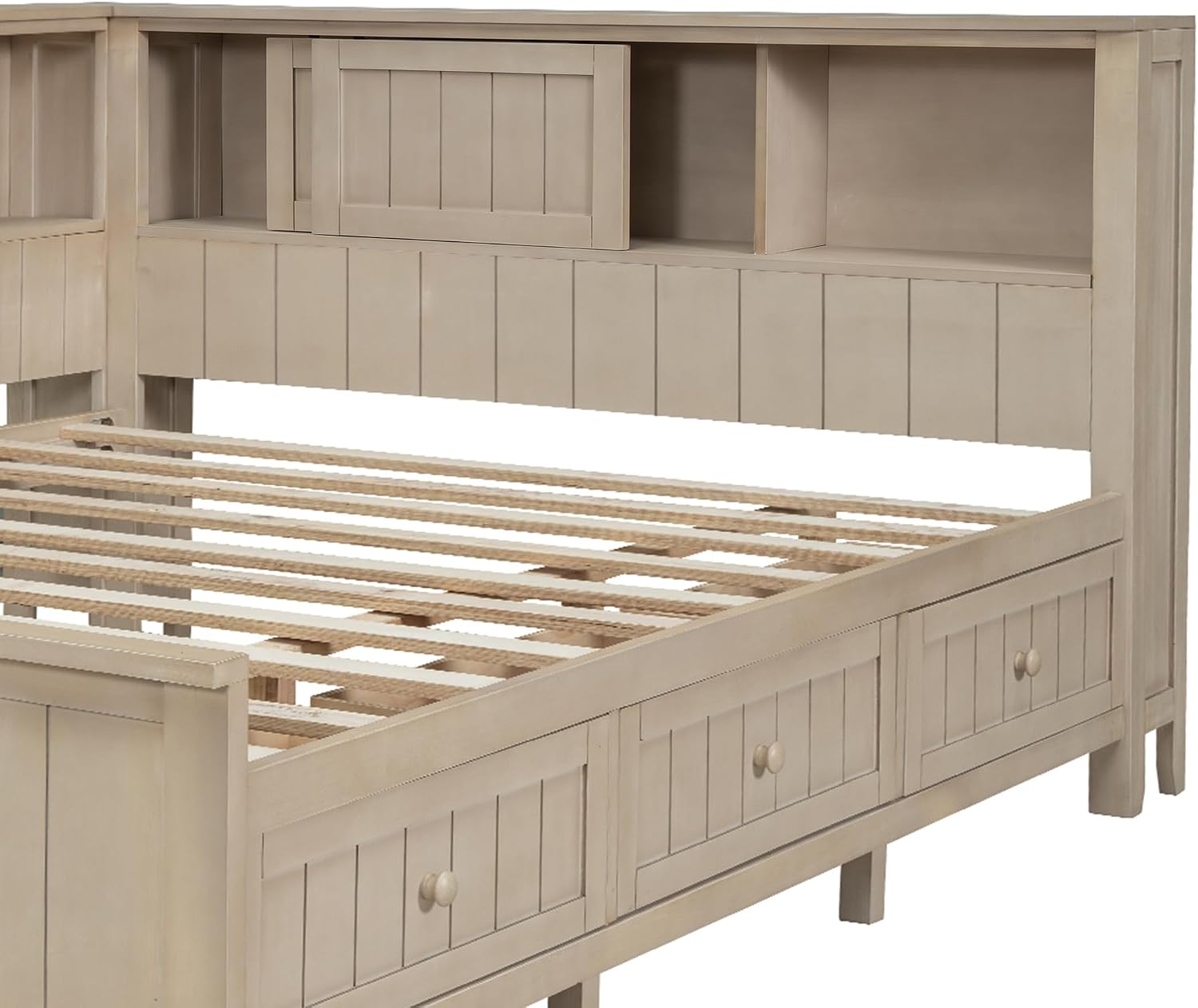Merax Full Size Corner Bed Frame with 3 Drawers & Storage Shelves & Sliding Doors, Farmhouse Style Wood Platform Bed for Bedroom/Guest Room, No Box Spring Needed