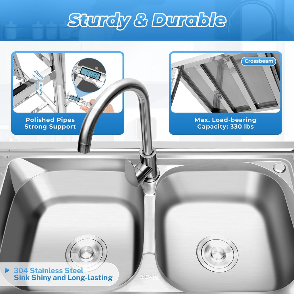 2 Compartment Commercial Sink, 304 stainless Steel Sink Indoor Free Standing Sinks for Kitchen, Garage, and Restaurant, Washing Hand Basins&Storage Shelves&Drainboard