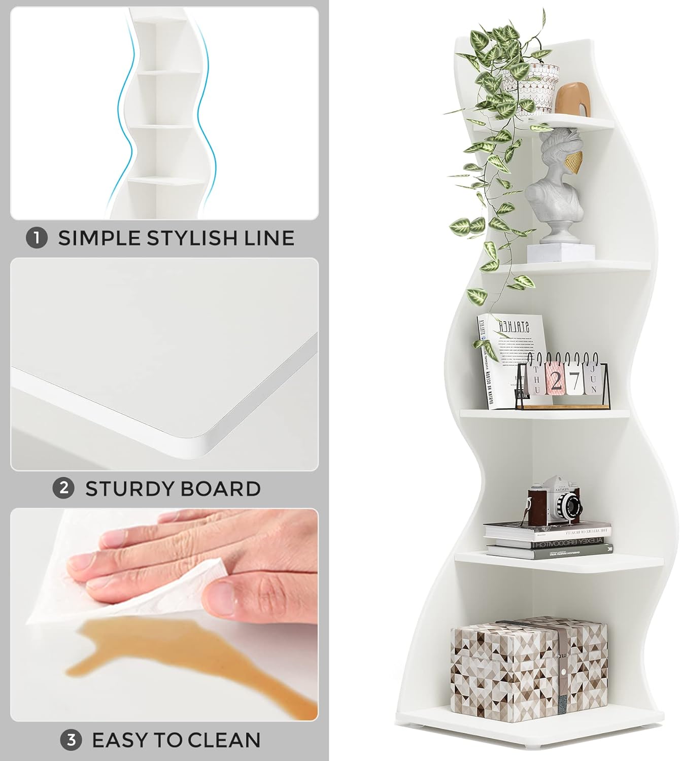 Tribesigns Corner Shelf, Modern 5-Tier Wall Corner Bookshelf, Stylish Corner Small Bookcase Storage Rack Plant Stand with Unique Shape for Living Room, Home Office (White, 1PC)