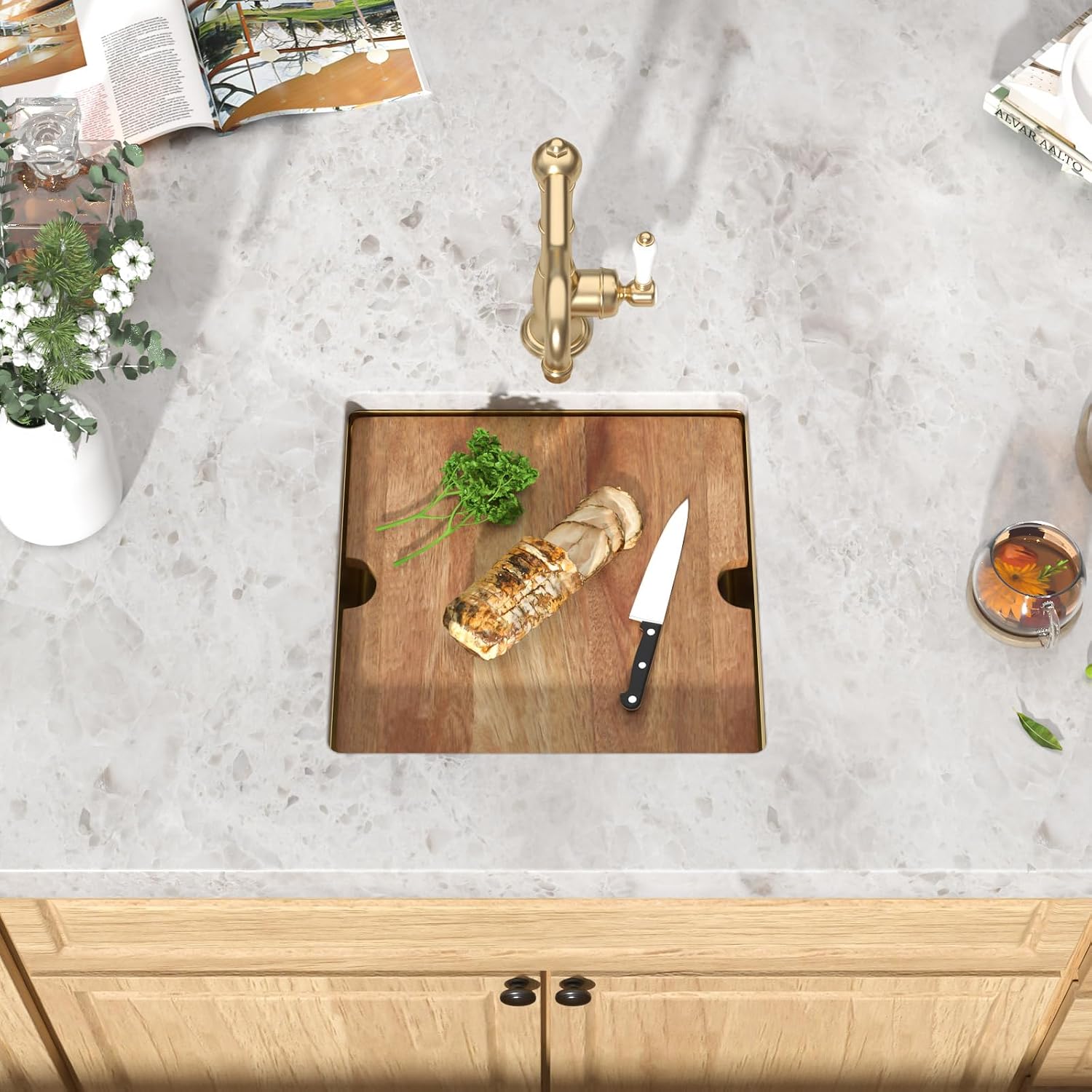 Undermount Bar Sink - 17x17 Inch Workstation Gold Wet Bar Stainless Steel 16 Gauge Single Bowl Under Counter Small Prep Sinks with Cutting Board and Assembly #TLU-0020