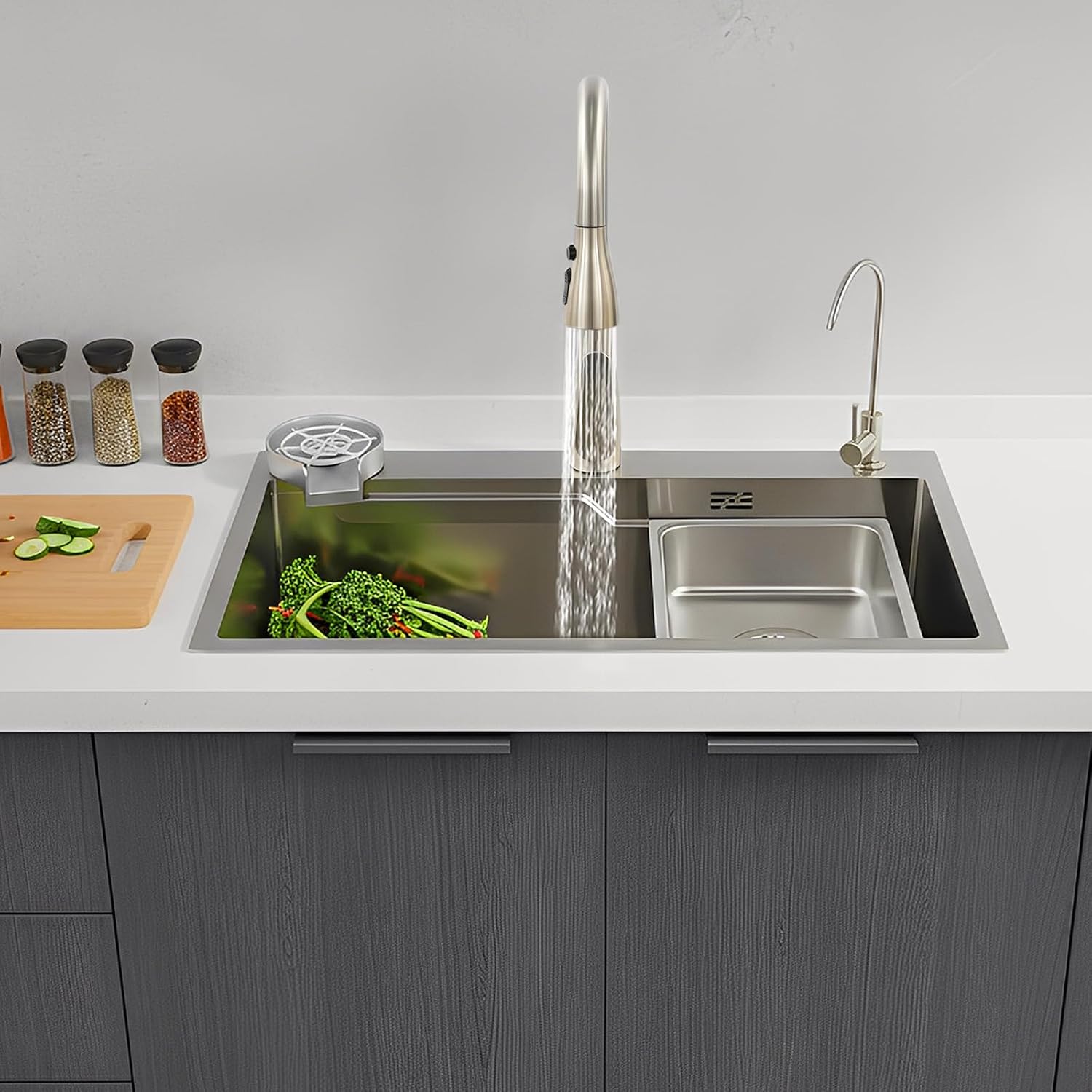 DYRABREST 29.5 Inch Stainless Steel Kitchen Sink Multi-Function Commercial Sink Set with Cutting Board & Basin-in-Basin, Drop-In/Undermount Install, Cup Rinser and Drainer for Restaurant Home (Silver)