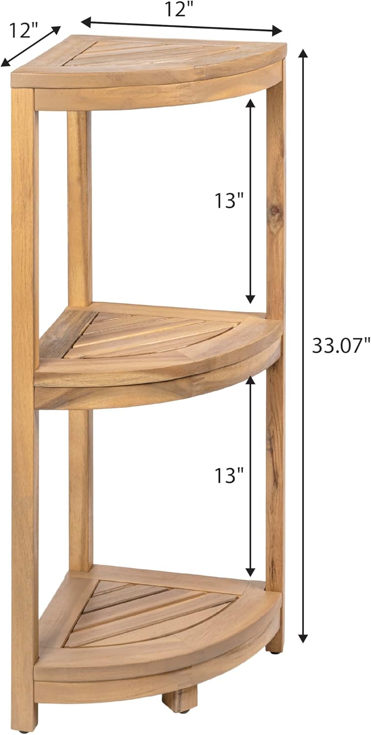 happimess SHF1000T Sela 33' Classic Minimalist 3-Tier Acacia Wood Freestanding Bathroom Corner Shelf, Shower Organizer, Storage Rack for Bath, Office, Kitchen Desktop, Light Teak