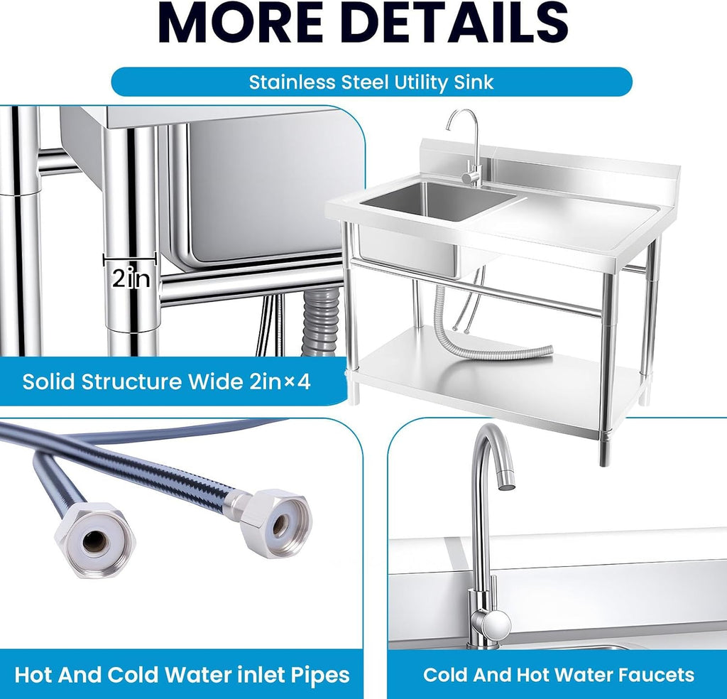 Utility Sink Stainless Steel Laundry Sink, 360 Degree Rotating Faucet, Hot And Cold Water Functions for Garage Kitchen Bathroom Laundry Use (32'' Sink with Workbench)