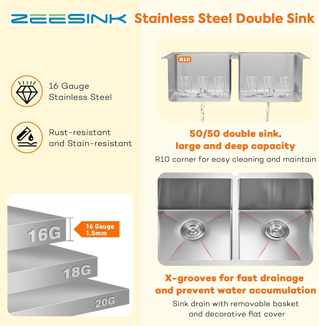 33 X 22 inch Drop in Kitchen Sinks Double Bowl,16 Gauge Stainless Steel 50/50 Double Sink,Top Mount/Drop In Double Kitchen Sink 33 inch