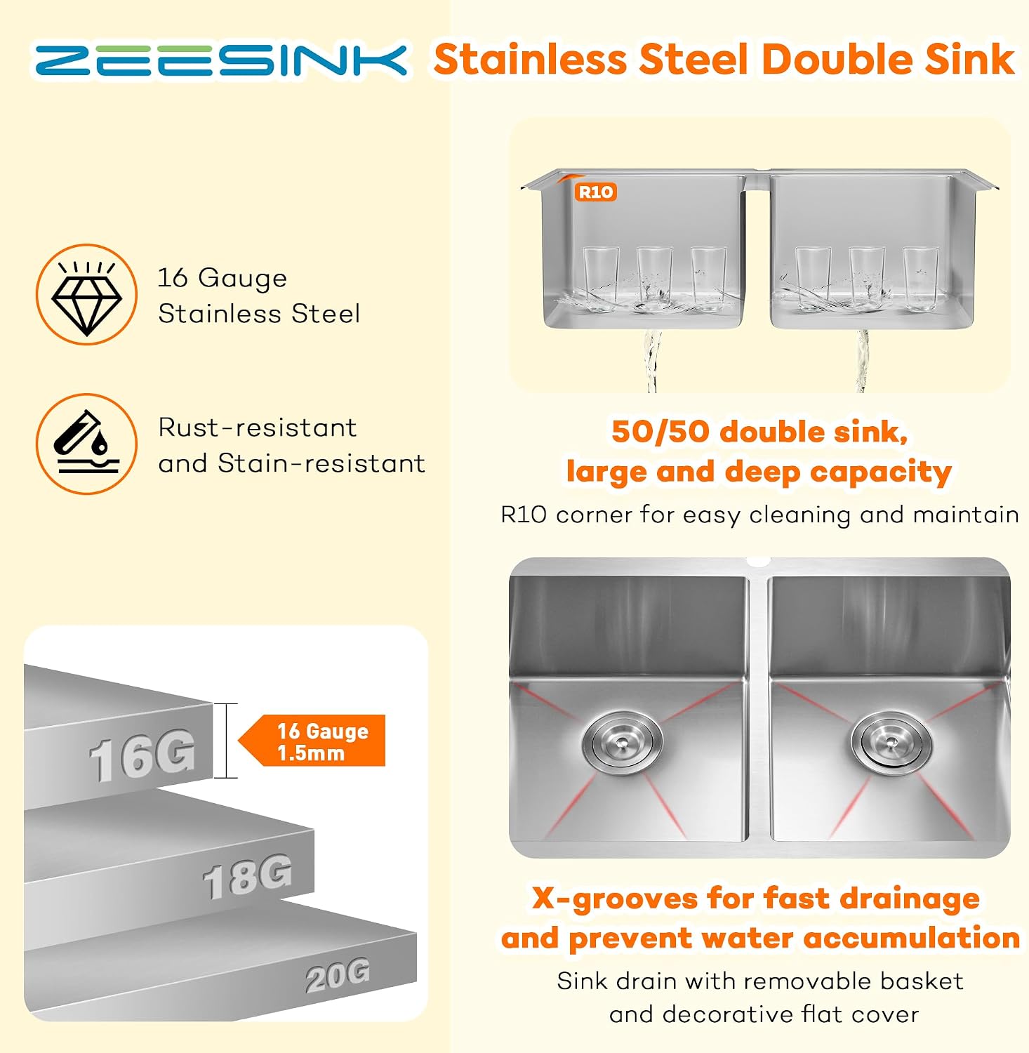 33 X 22 inch Drop in Kitchen Sinks Double Bowl,16 Gauge Stainless Steel 50/50 Double Sink,Top Mount/Drop In Double Kitchen Sink 33 inch
