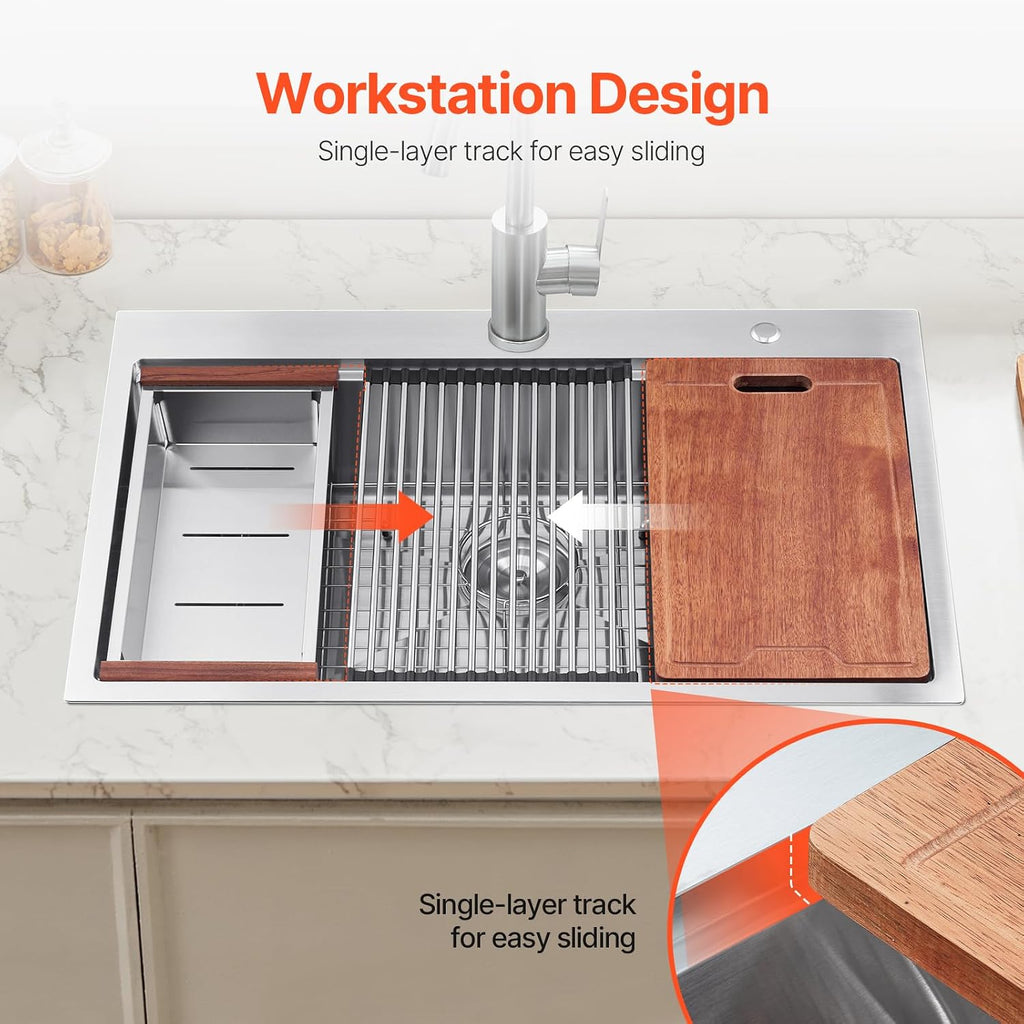 VEVOR Drop In Kitchen Sink 33 Inch Kitchen Sink Workstation, 304 Stainless Steel Top Mount Sinks, Drop-In Single Bowl with Ledge & Multiple Accessories Sink for RV, Prep Kitchen, Bar 33 x 22 x 9inch