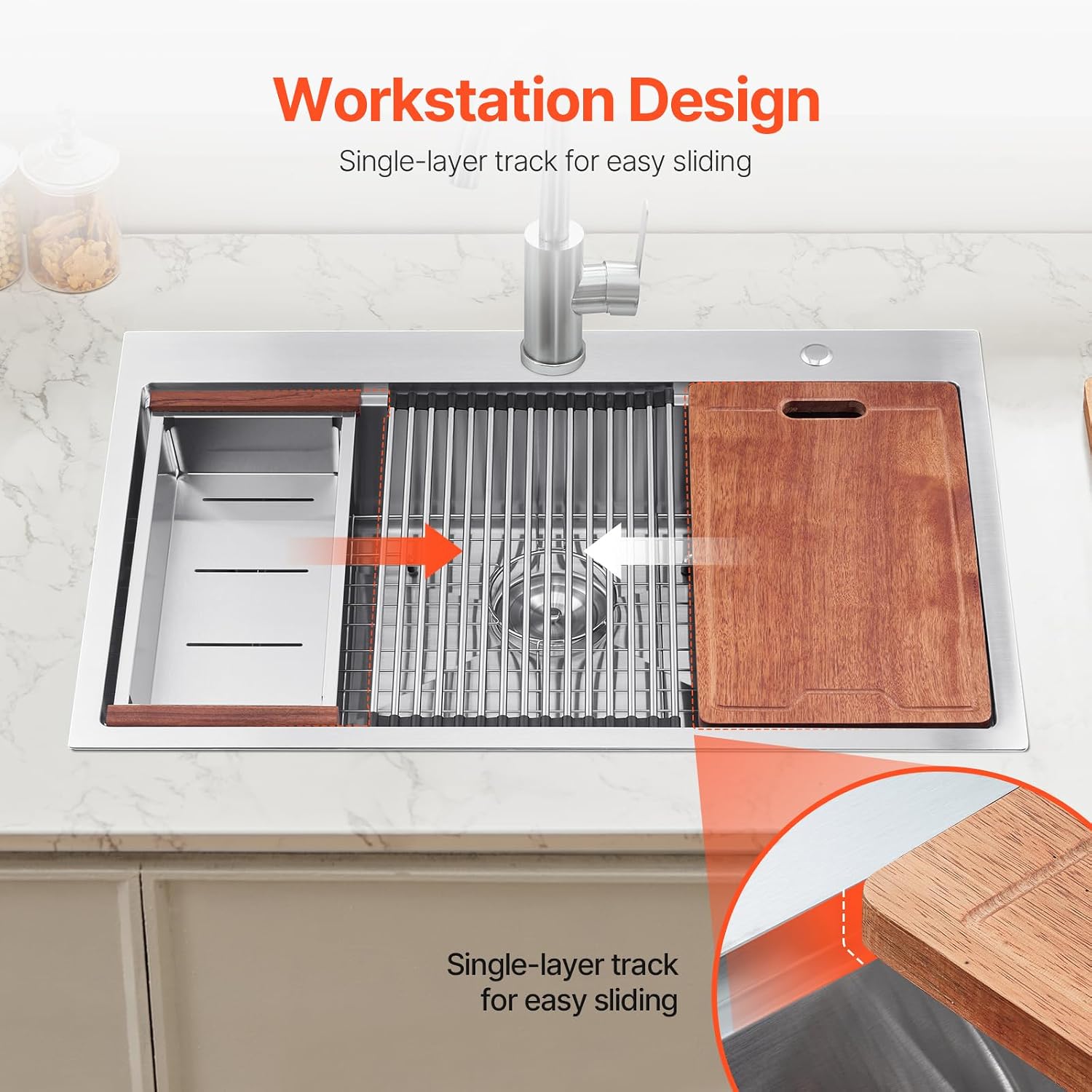 VEVOR Drop In Kitchen Sink 33 Inch Kitchen Sink Workstation, 304 Stainless Steel Top Mount Sinks, Drop-In Single Bowl with Ledge & Multiple Accessories Sink for RV, Prep Kitchen, Bar 33 x 22 x 9inch