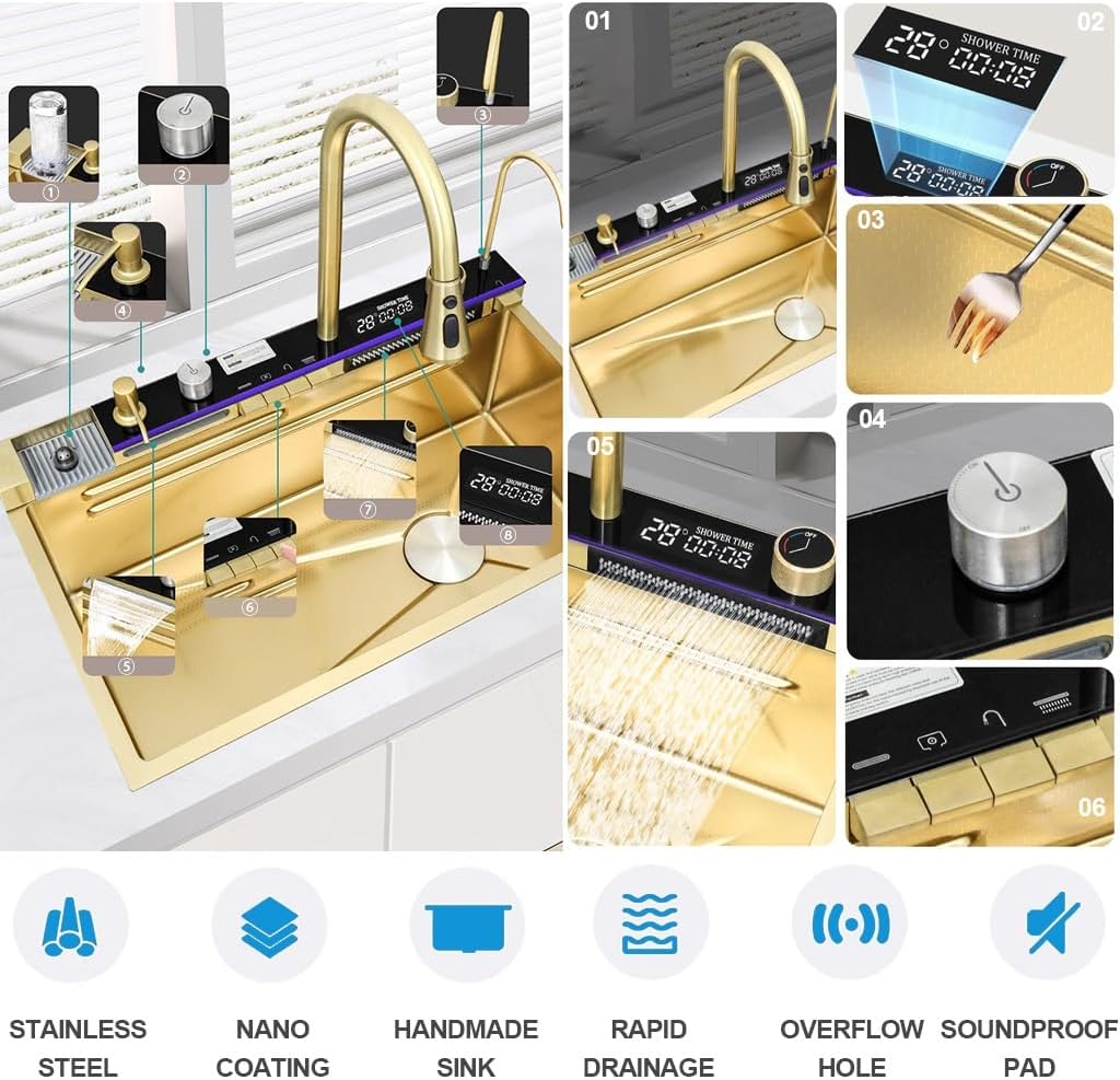 Stainless Steel Kitchen Sink Golden Single Bowl Waterfall Sink Multi-Functional Bar Sink with Integrated Faucet, Drain Basket, Drain Basin, Cup Washer (Color : Gold, Size : 75x45x21cm) (Gold 68x45