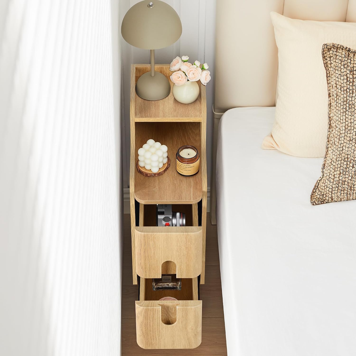 Small Nightstand Set of 2, Wood 2 Drawer Narrow Nightstand, Slim Side Table, Modern Skinny End Bedside Table, Natural Wood Night Stand with Drawers for Bedroom (Natural-2 pcs)