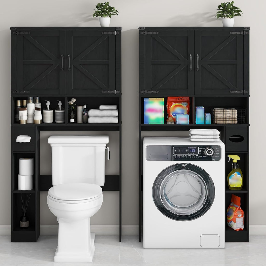 Vabches Over The Toilet Storage Cabinet, Farmhouse Storage Cabinet Over Toilet with 2 Barn Doors && Toilet Paper Holder Stand，Home Space-Saving Toilet Rack, for Laundry, Restroom, Bathroom.Pure Black