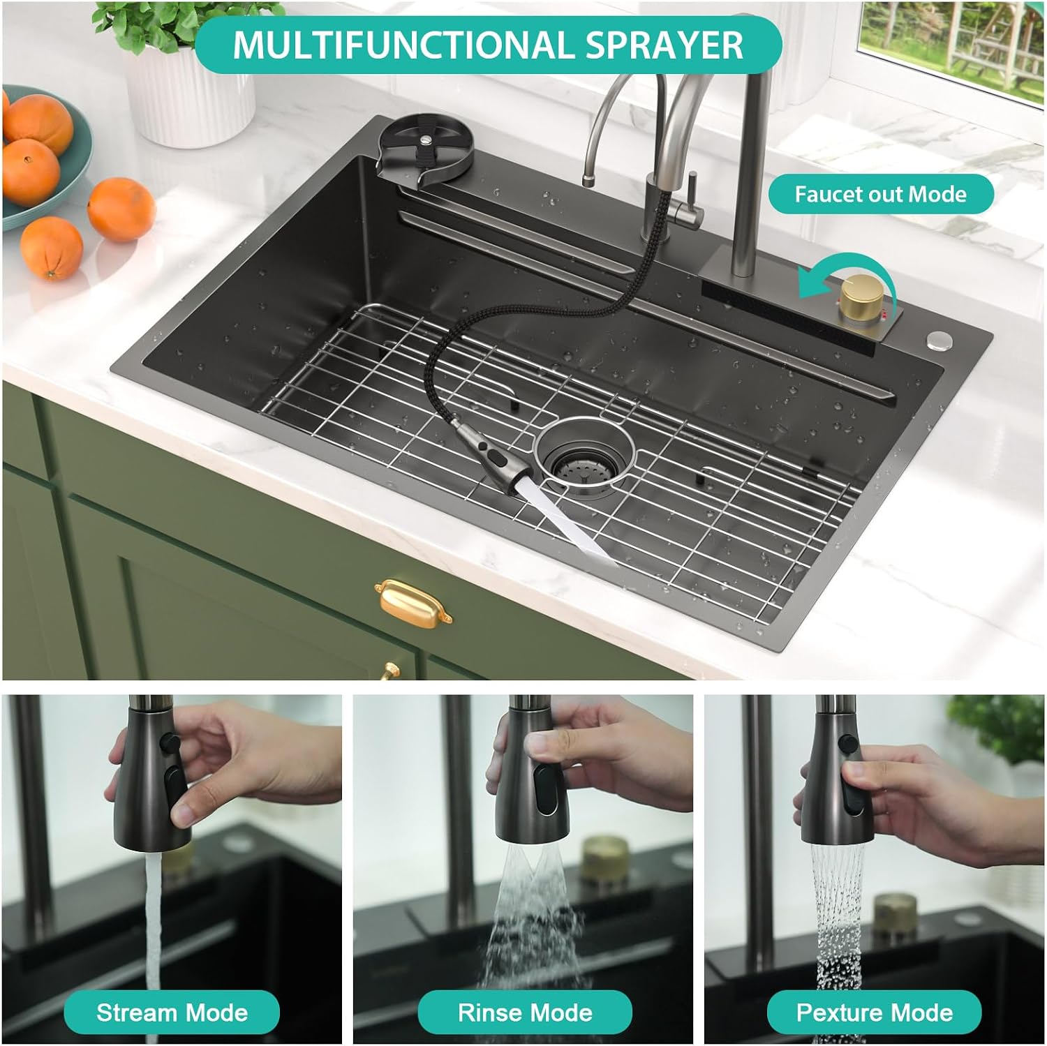 33x22 Gunmetal Black Drop In Kitchen Sink with Faucet, Waterfall Feature & Cup Washer, 16 Gauge 304 Stainless Steel, Workstation Accessories 3-Holes Sink for Residential Kitchen #TLWF-0001