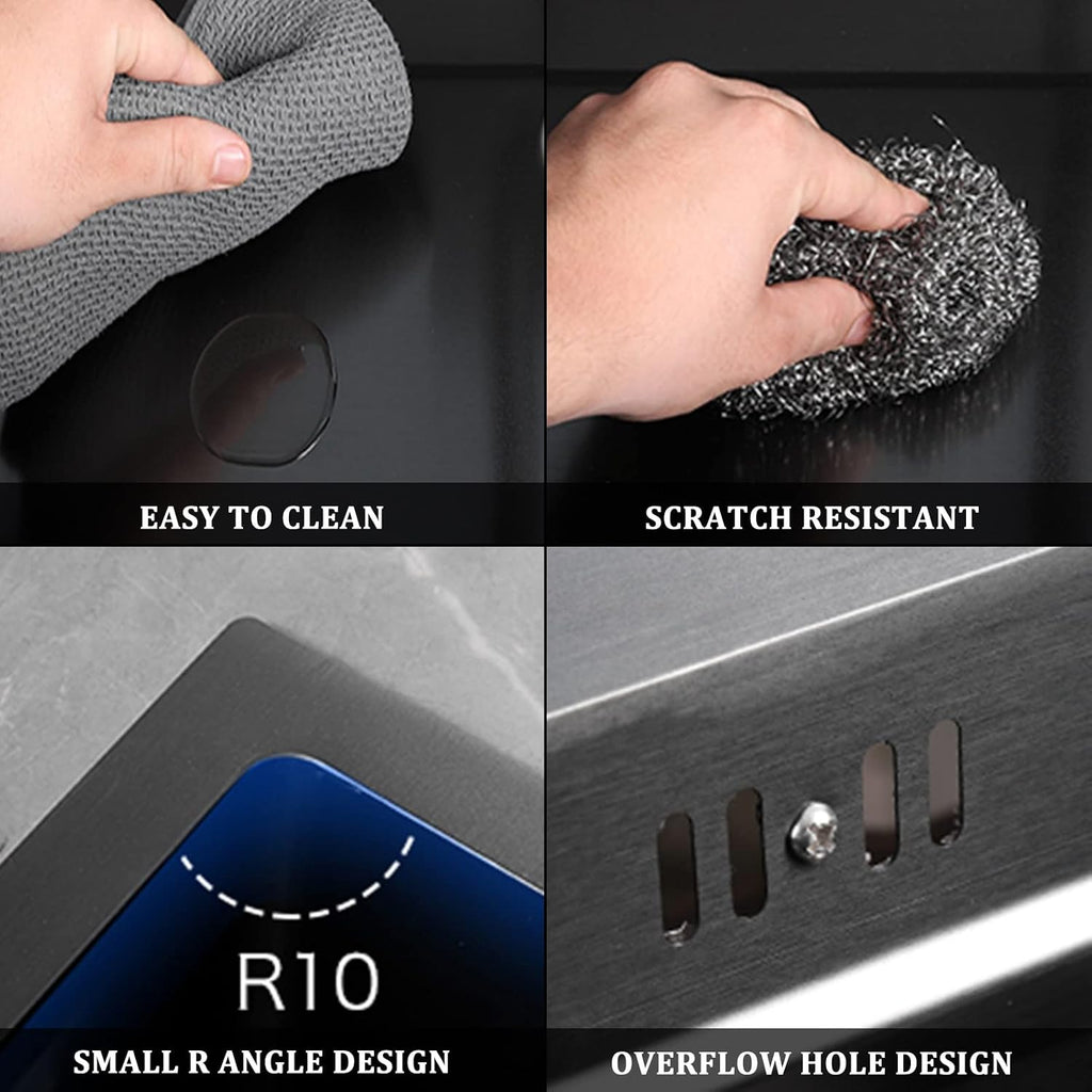 Single Bowl Kitchen Sink 304 Stainless Steel Bar Sink RV Sink with Faucet and Cup Washer Top Mount Or Undermount (Color : Black, Size : 72x46x23cm) (Black 68x46x23cm)