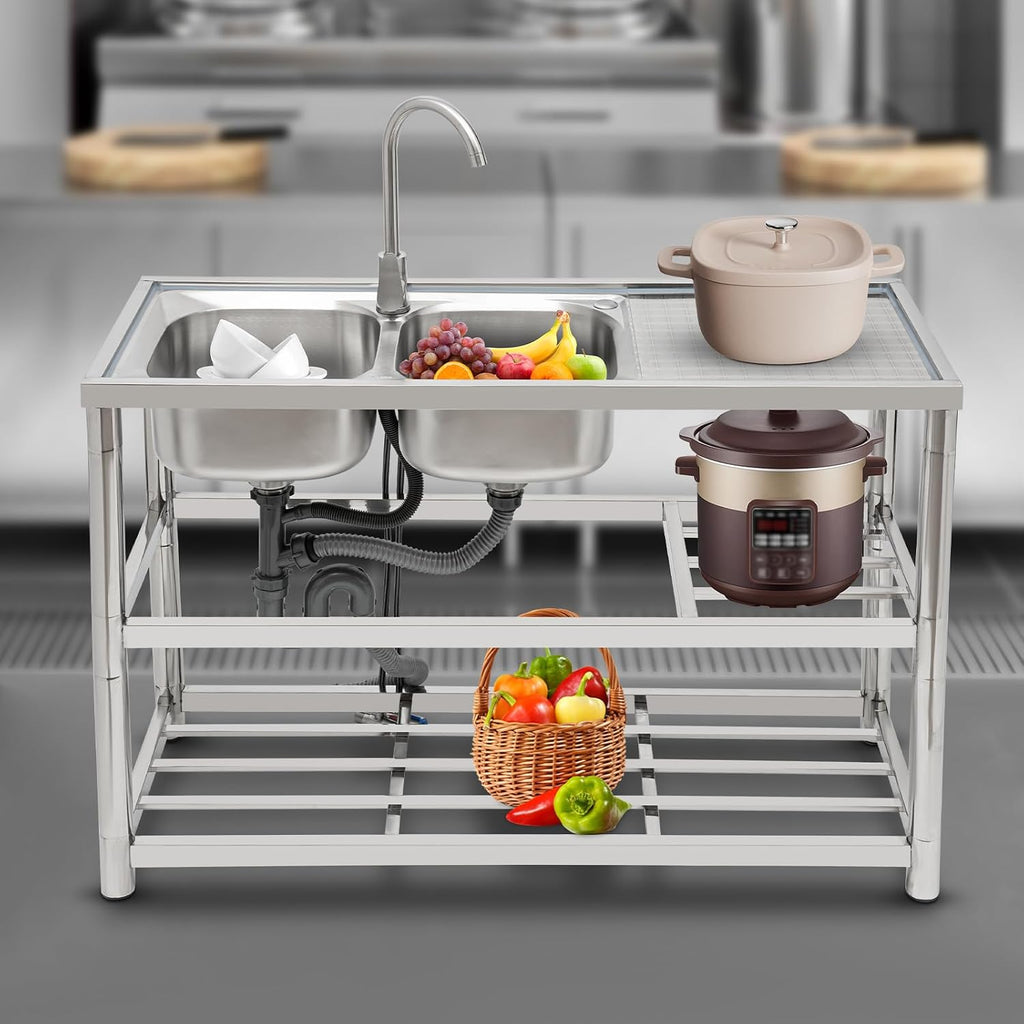 Free Standing Commercial Kitchen Sink Stainless Steel, Double Bowl Utility Sink with 360° Rotatable Faucet and Water Pipes Restaurant Outdoor Utility Sink Left Dual-Bowl (47x17.7x31.5in-A)