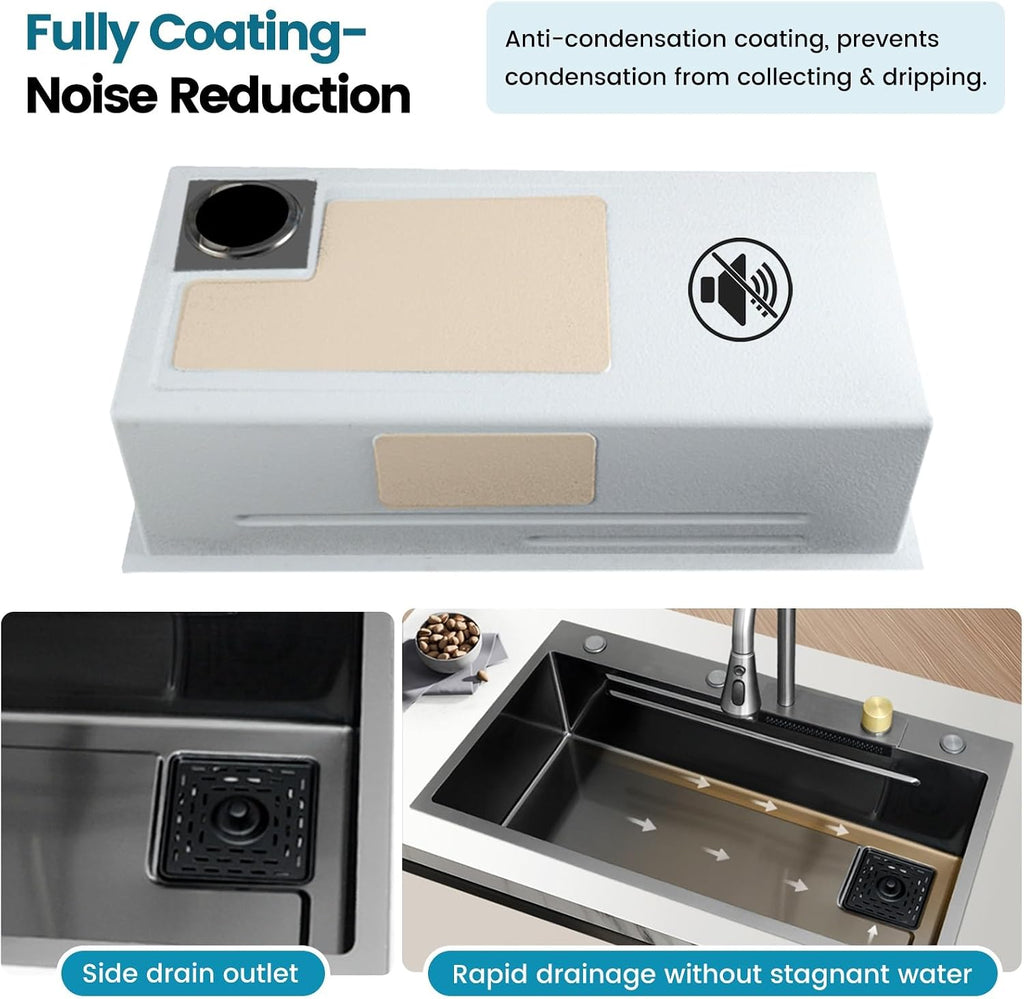 Gold Stainless Steel Single Bowl Kitchen Sink With Drainer, Drop In/Undermount Large Workstation Sink, Includes Pull Out Faucet, Cup Washer, Basin, Drain Basket, Full Waste Kit(Black,65x50x22cm)