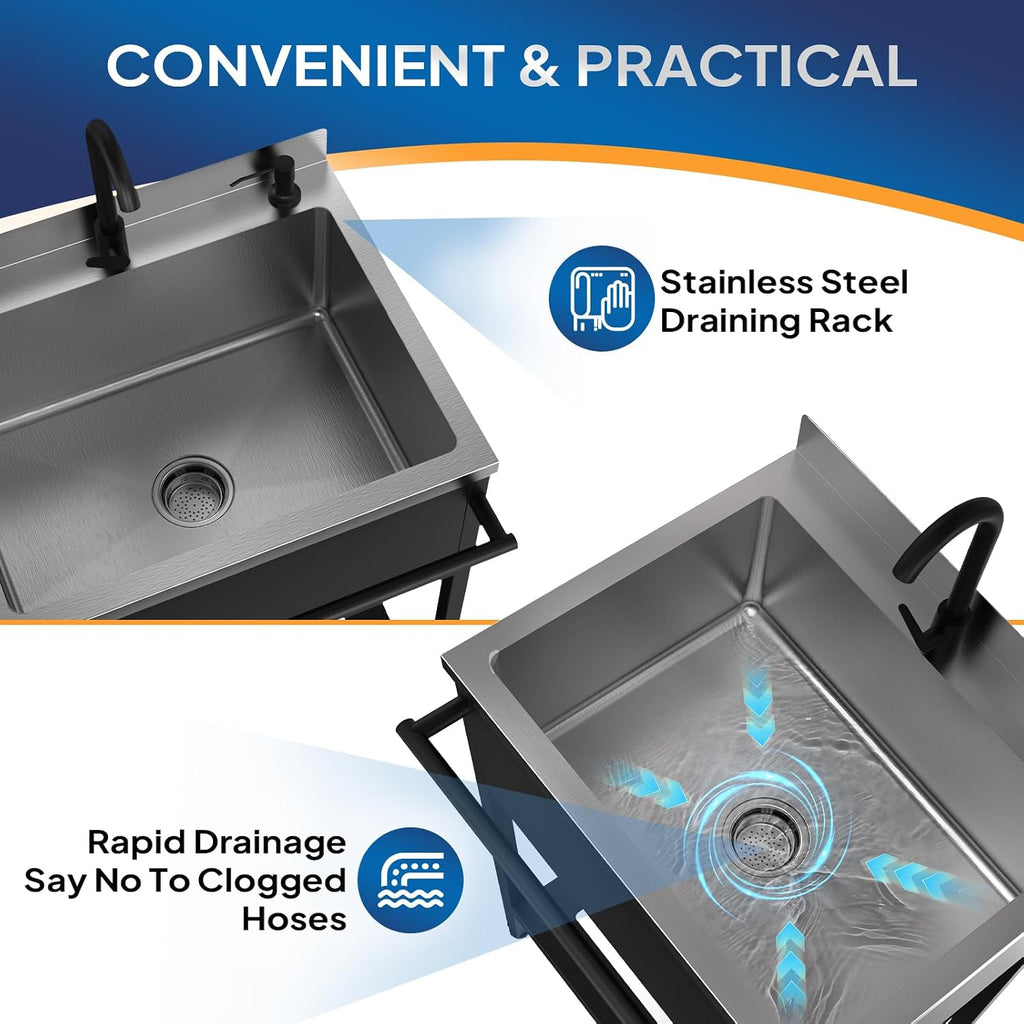 ROVSUN Black Electroplated Stainless Steel Utility Sink with Towel Rack and Storage Shelf, 20.7'D x 25.7'W x 38.9'H Freestanding Laundry & Prep Sink for Home, Restaurant, Garage, and Outdoor Use