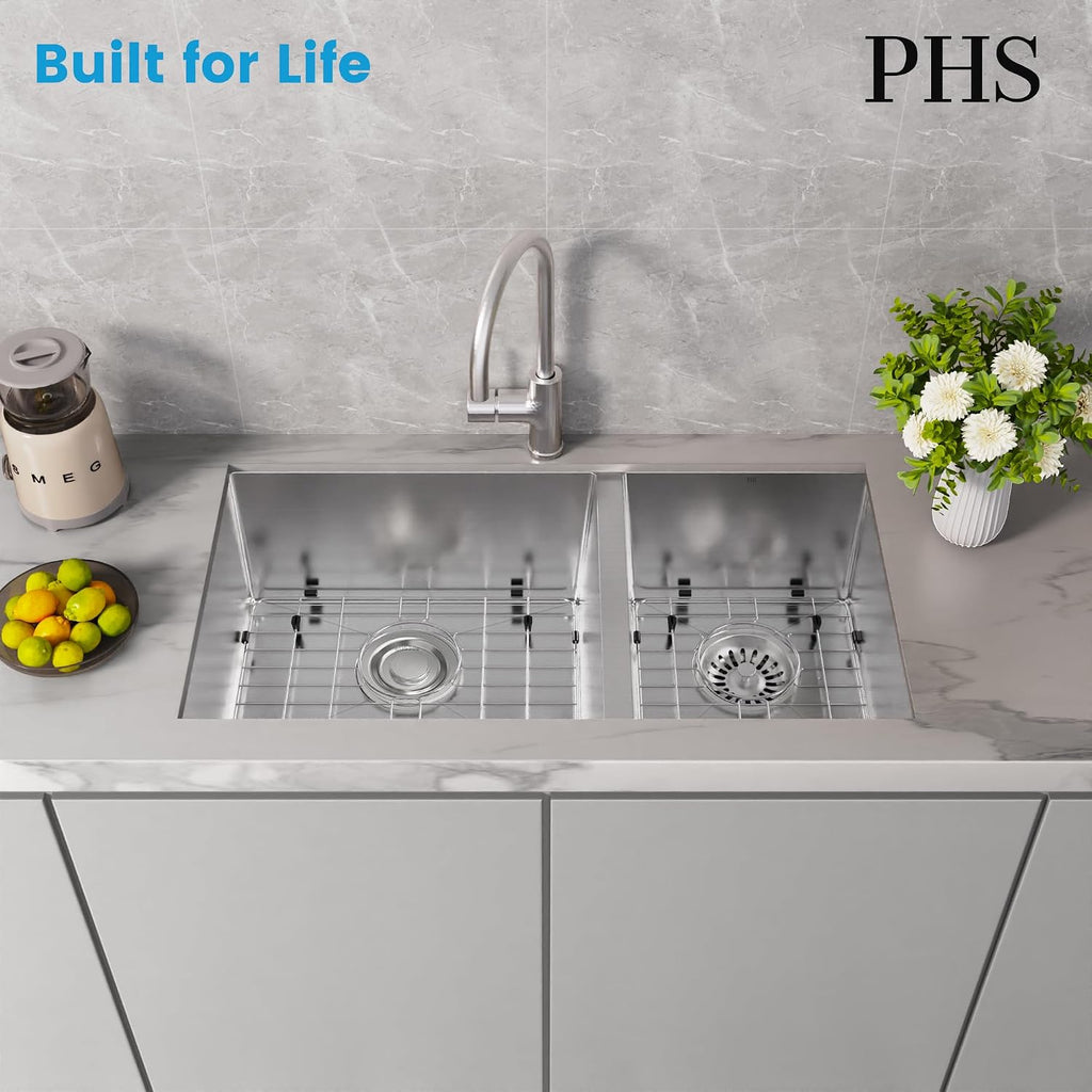 PHS 33-Inch Undermount -60/40 Double Bowl 16 Gauge Stainless Steel Kitchen Sink with Accessories, 9 Inch Deep Sinks with Brushed Finish