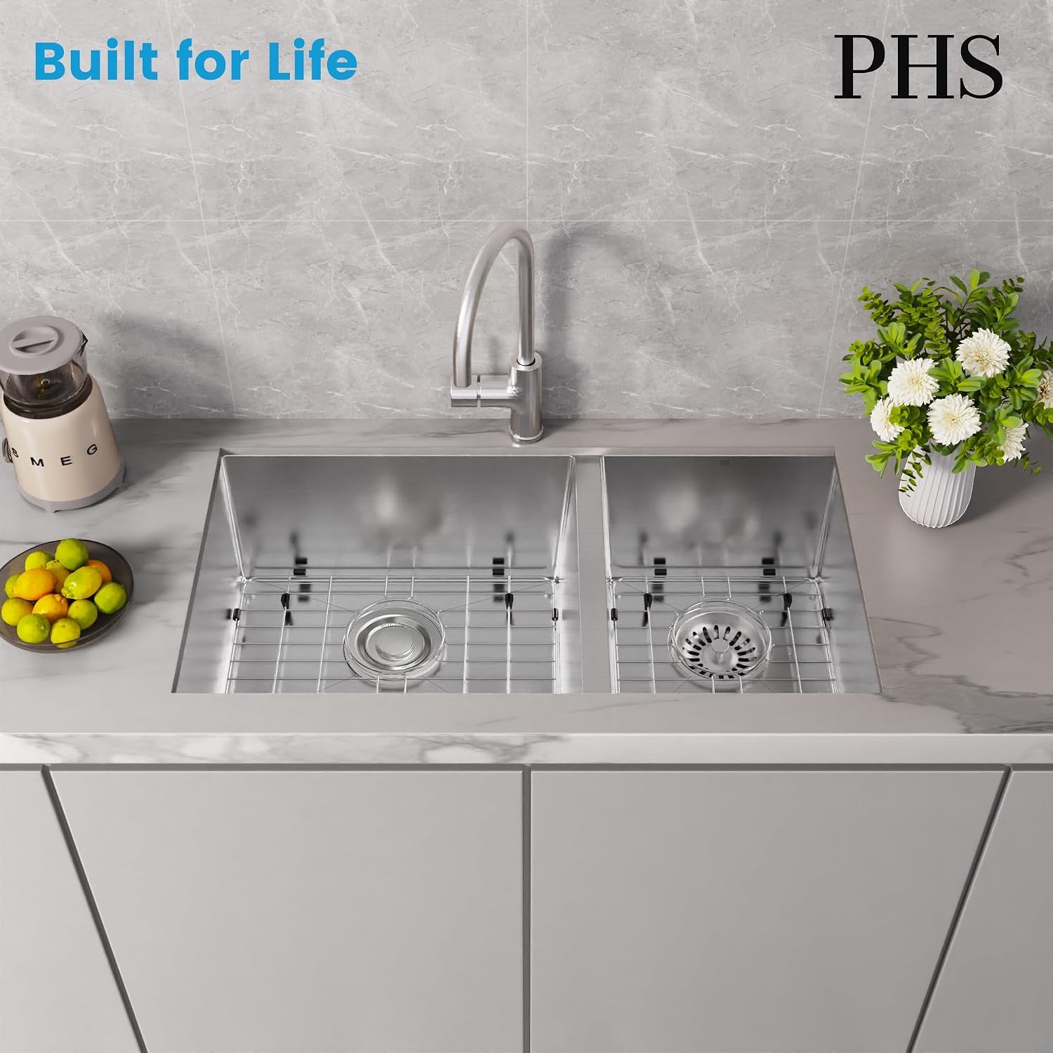 PHS 33-Inch Undermount -60/40 Double Bowl 16 Gauge Stainless Steel Kitchen Sink with Accessories, 9 Inch Deep Sinks with Brushed Finish