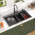33 Double Bowl Kitchen Sinks with Faucet - 33x19 Drop In Workstation Black Kitchen Sink, Topmount Stainless Steel 16 Gauge Double Bowl 50/50 Split Handmade Sinks Round Corner #TLT-0026