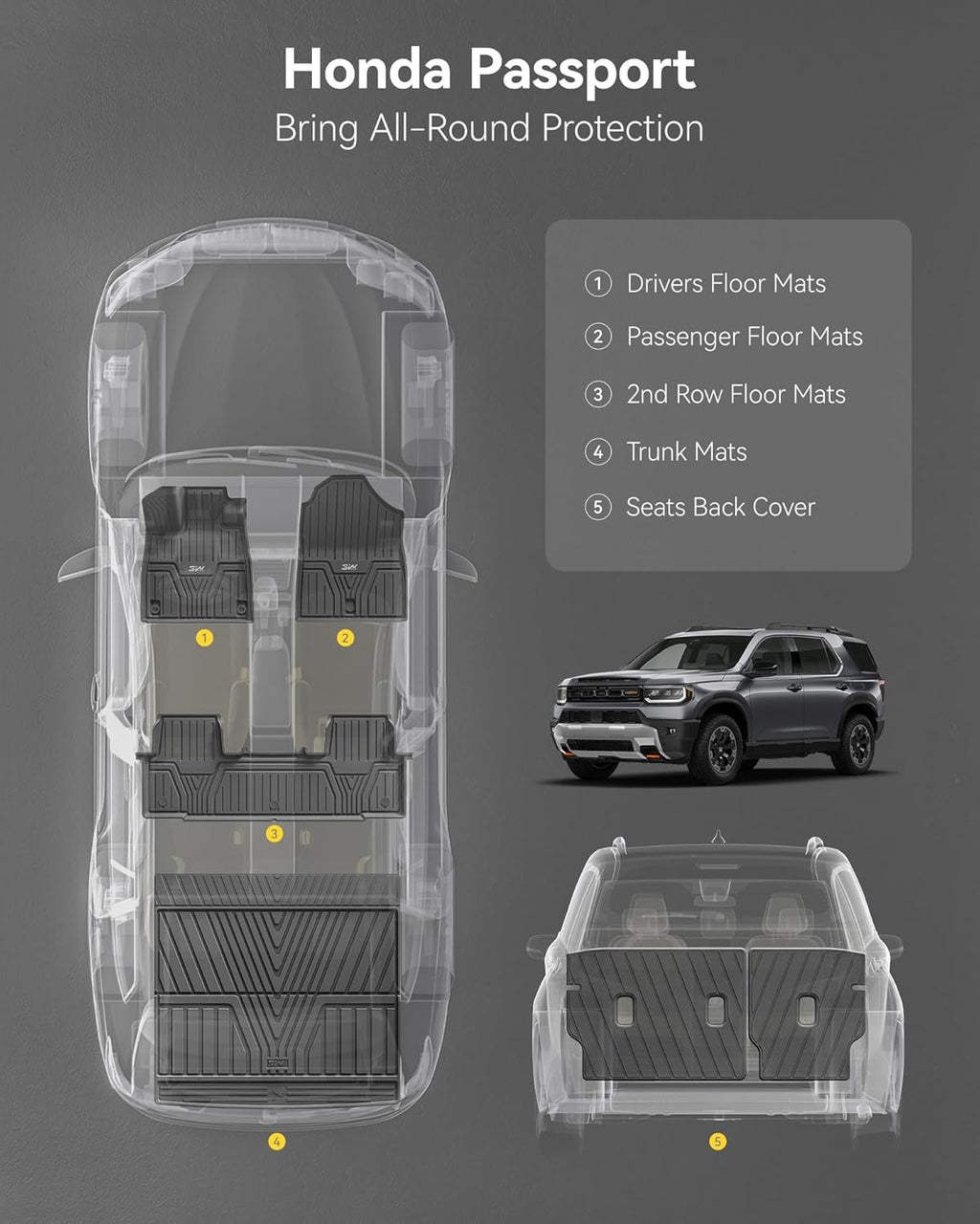 3W Floor Mats and Cargo Mat for Honda Passport 2026, All Weather TPE Custom Fit Passport Floor Liner 1st & 2nd Row & Trunk Mat with Backrest Mat, Full Set for 2026 Honda Passport Accessories, Black