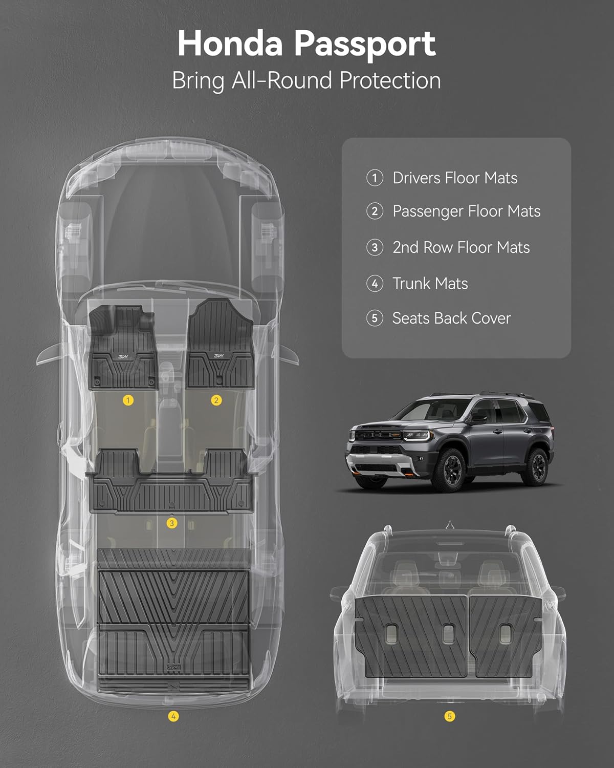 3W Floor Mats and Cargo Mat for Honda Passport 2026, All Weather TPE Custom Fit Passport Floor Liner 1st & 2nd Row & Trunk Mat with Backrest Mat, Full Set for 2026 Honda Passport Accessories, Black