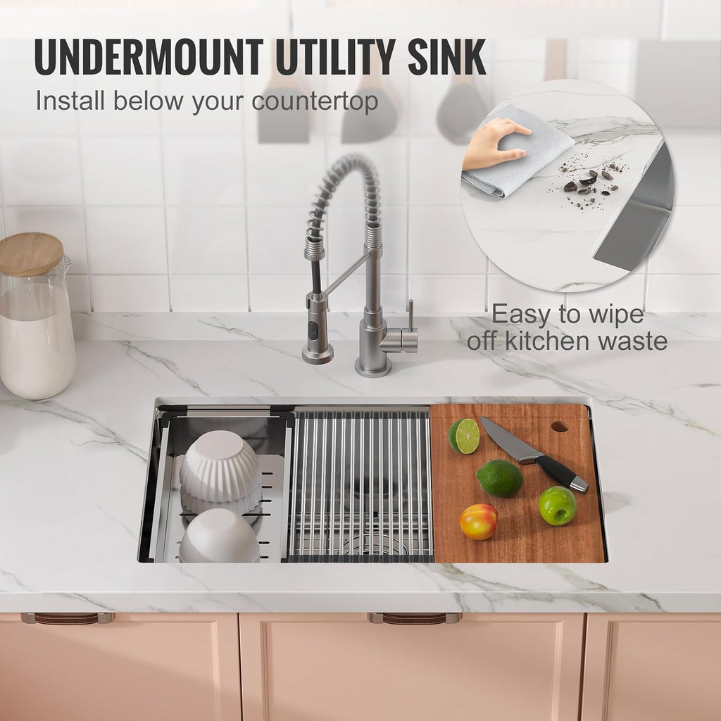 VEVOR 30 inch Kitchen Single Sink, 304 Stainless Steel Undermount Sink Drop-In Single Bowl Farmhouse Basin with Ledge & Multiple Accessories, Household Dishwasher Sinks for Prep Kitchen, Bar 30'*19'
