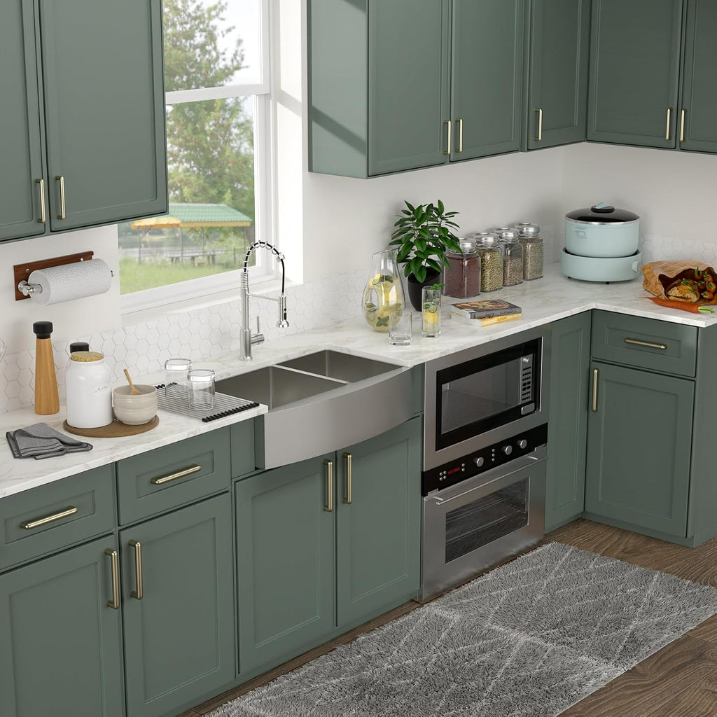 Logmey 33 Inch Farmhouse Sink 60/40 Double Bowl Kitchen Sink Apon Front Sink 16 Gauge 304 Stainless Steel Farm Sinks 33x20x9
