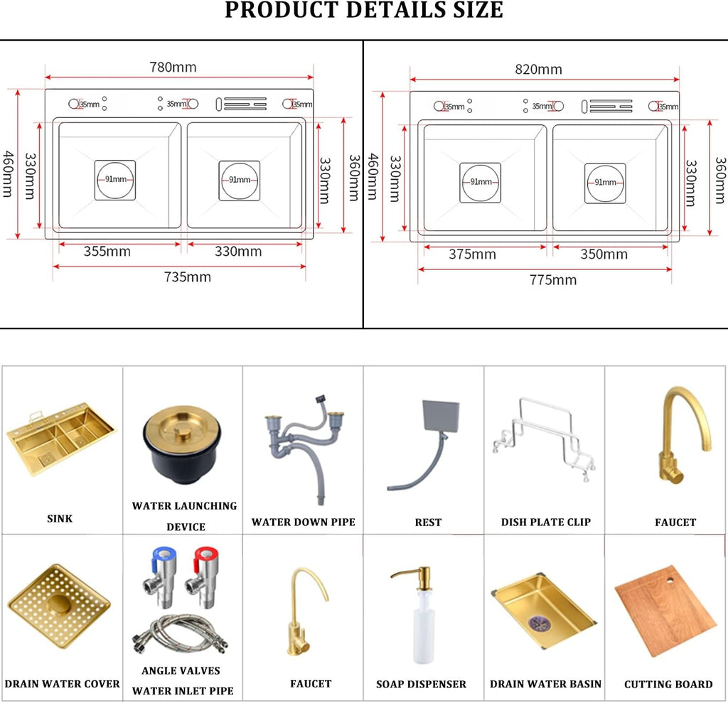 304 Stainless Steel Room Kitchen Sink Gold Double Bowl Bar Prep Sink Multi-Purpose RV Sink with Faucet and Drain Assembly Drop in Or Under Mount (Color : Gold-h, Size : 82x46x24cm) (Goldc 78x46x2