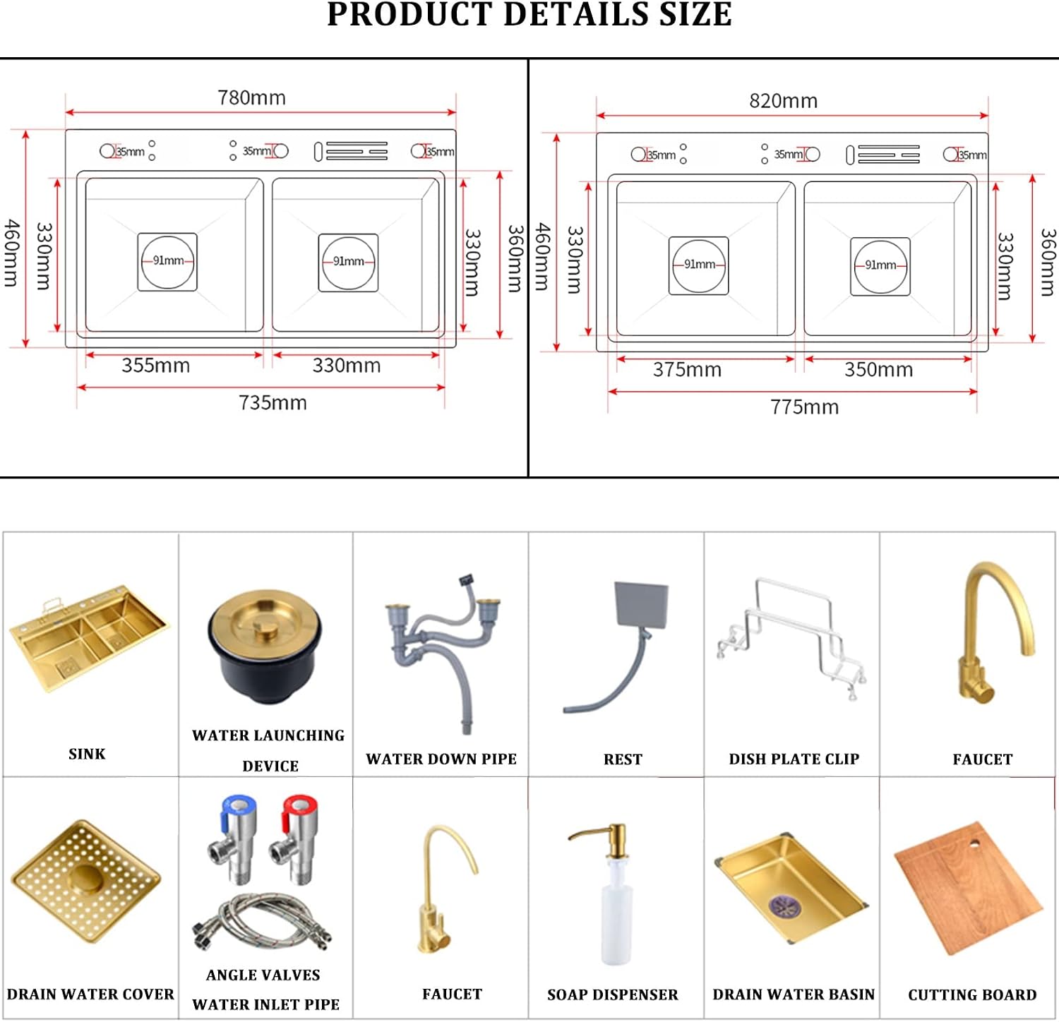 304 Stainless Steel Room Kitchen Sink Gold Double Bowl Bar Prep Sink Multi-Purpose RV Sink with Faucet and Drain Assembly Drop in Or Under Mount (Color : Gold-h, Size : 82x46x24cm) (Goldc 78x46x2