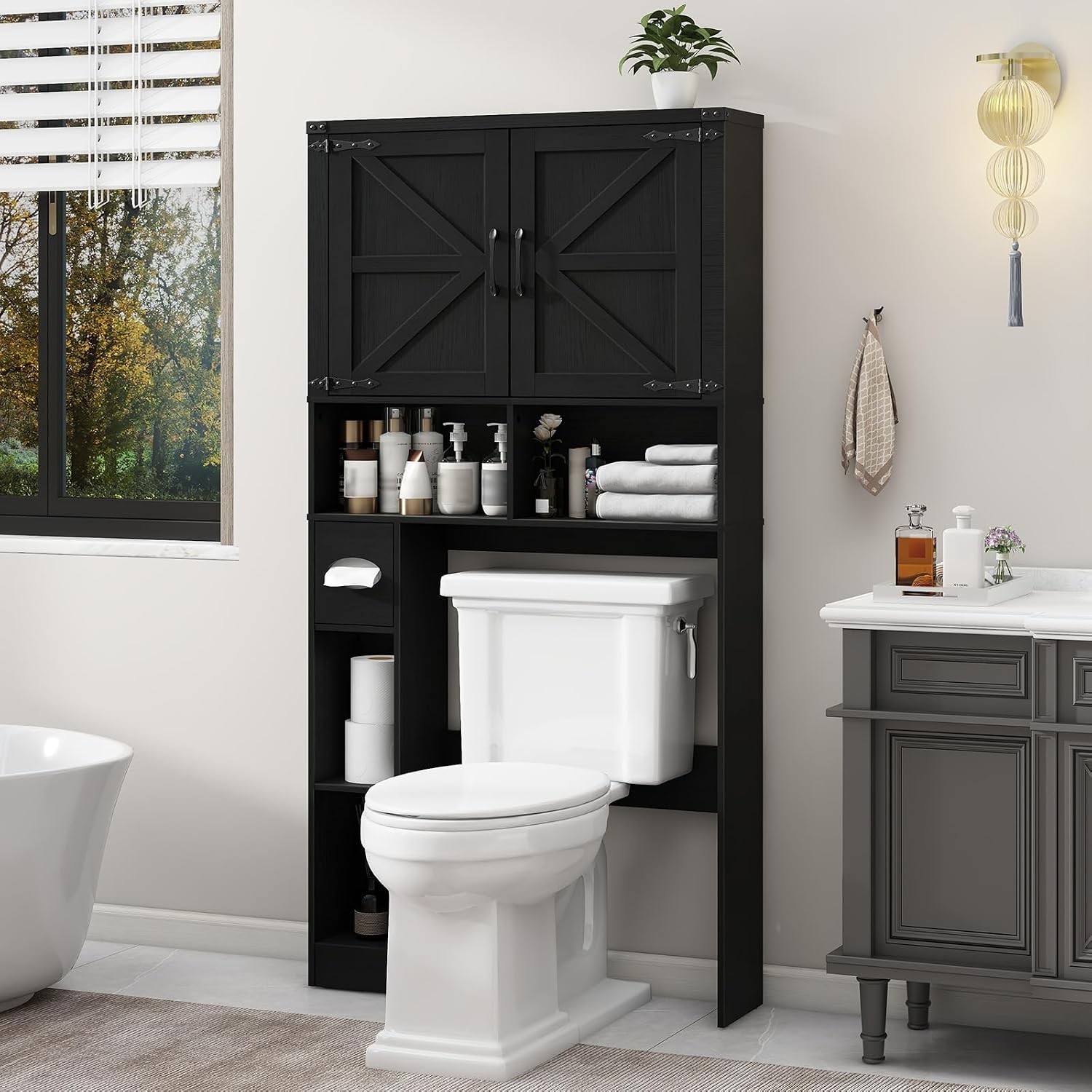 Vabches Over The Toilet Storage Cabinet, Farmhouse Storage Cabinet Over Toilet with 2 Barn Doors && Toilet Paper Holder Stand，Home Space-Saving Toilet Rack, for Laundry, Restroom, Bathroom.Pure Black