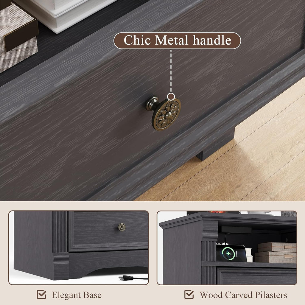 Grey Nightstand with Charging Station, Farmhouse Bedside Table, End Table with 2 Drawers and Chic Wood Pilasters Design, Wood Side Table with Metal Handles for Bedroom, Living Room