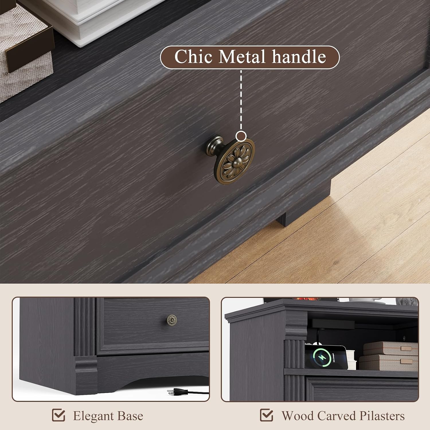 Grey Nightstand with Charging Station, Farmhouse Bedside Table, End Table with 2 Drawers and Chic Wood Pilasters Design, Wood Side Table with Metal Handles for Bedroom, Living Room