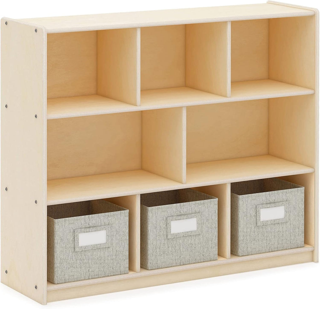 Guidecraft EdQ Three Shelf Compartment Storage Natural with 3 Fabric Bins: Wood Bookshelf and Toy Organizer for Kids, Storage Unit for Homeschool and Classroom
