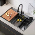Generic Black Single-Bowl Kitchen Sink 304 Stainless Steel Bar Sink Multi-Function Household Sink Rv Sink with Faucet, Chopping Board and Drain Basket Top Mount Or Under Mount (Color : Black, S