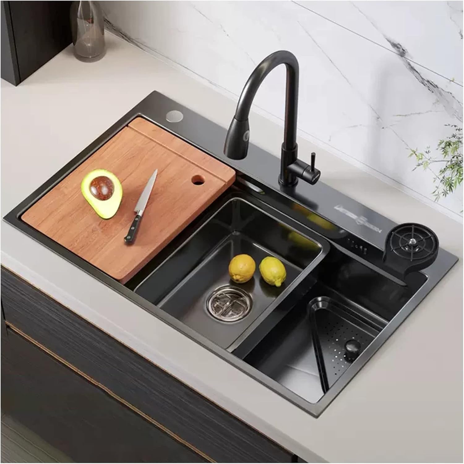 Generic Black Single-Bowl Kitchen Sink 304 Stainless Steel Bar Sink Multi-Function Household Sink Rv Sink with Faucet, Chopping Board and Drain Basket Top Mount Or Under Mount (Color : Black, S