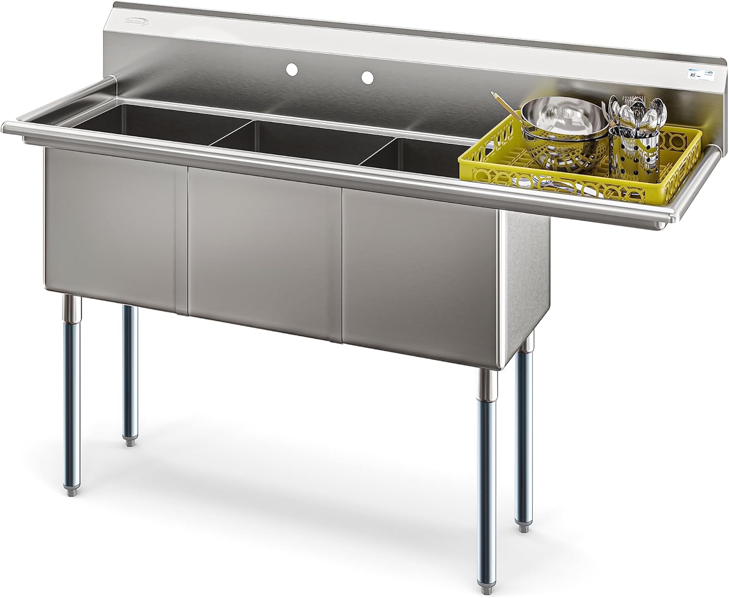 KoolMore 63 in. Three Compartment 16-Gauge Stainless-Steel NSF Commercial Kitchen Sink, Bowl Size 15x15x14, with Three Basins for Restaurants and Cafes with Right Drainboard (KM-SC151514-15R316)