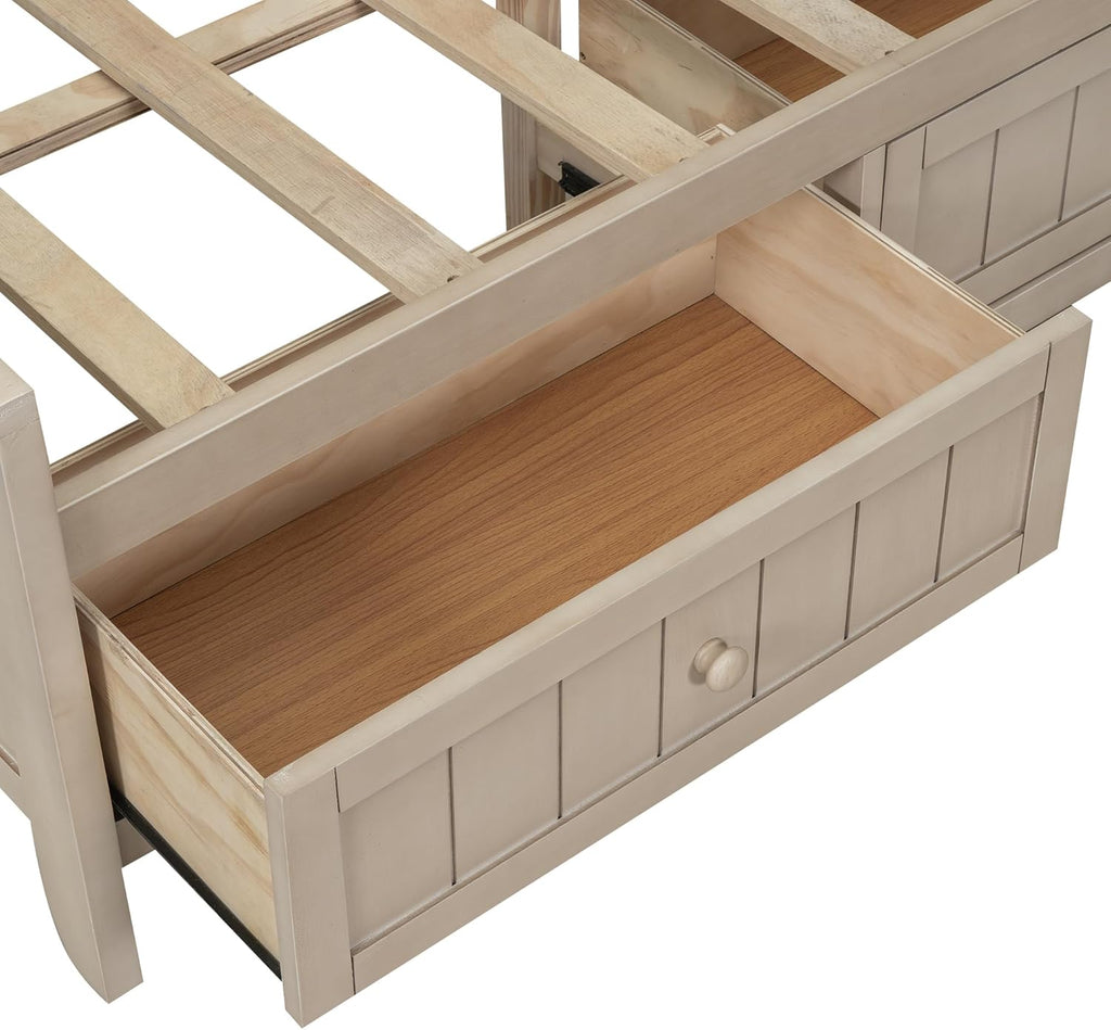Merax Full Size Corner Bed Frame with 3 Drawers & Storage Shelves & Sliding Doors, Farmhouse Style Wood Platform Bed for Bedroom/Guest Room, No Box Spring Needed