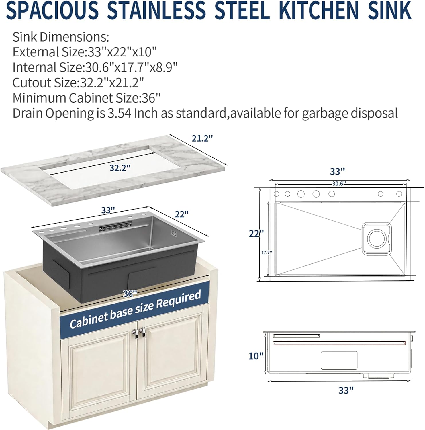 33 x 22 inch Waterfall Smart Kitchen Sink Workstation Topmount 16 Gauge Stainless Steel Kitchen Sink, Single Bowl Multifunctional Sinks with Soap Dispenser Waterfall Faucet Combo Set with Cup Washer