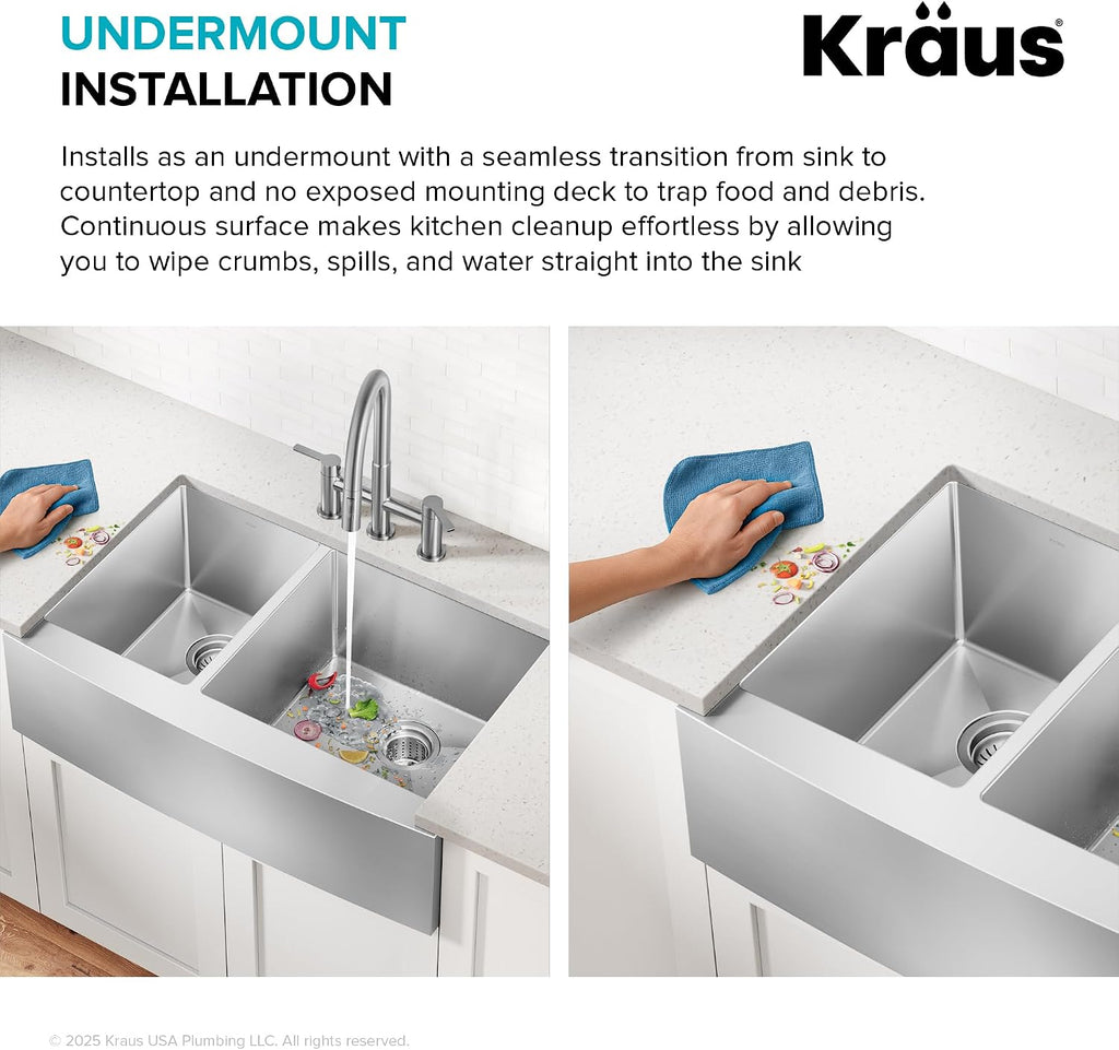 Kraus KHF204-33 Standart PRO Kitchen Stainless Steel Sink, 16 Gauge, 33' Undermount Round Apron 40/60 Double Bowl Kitchen Sink