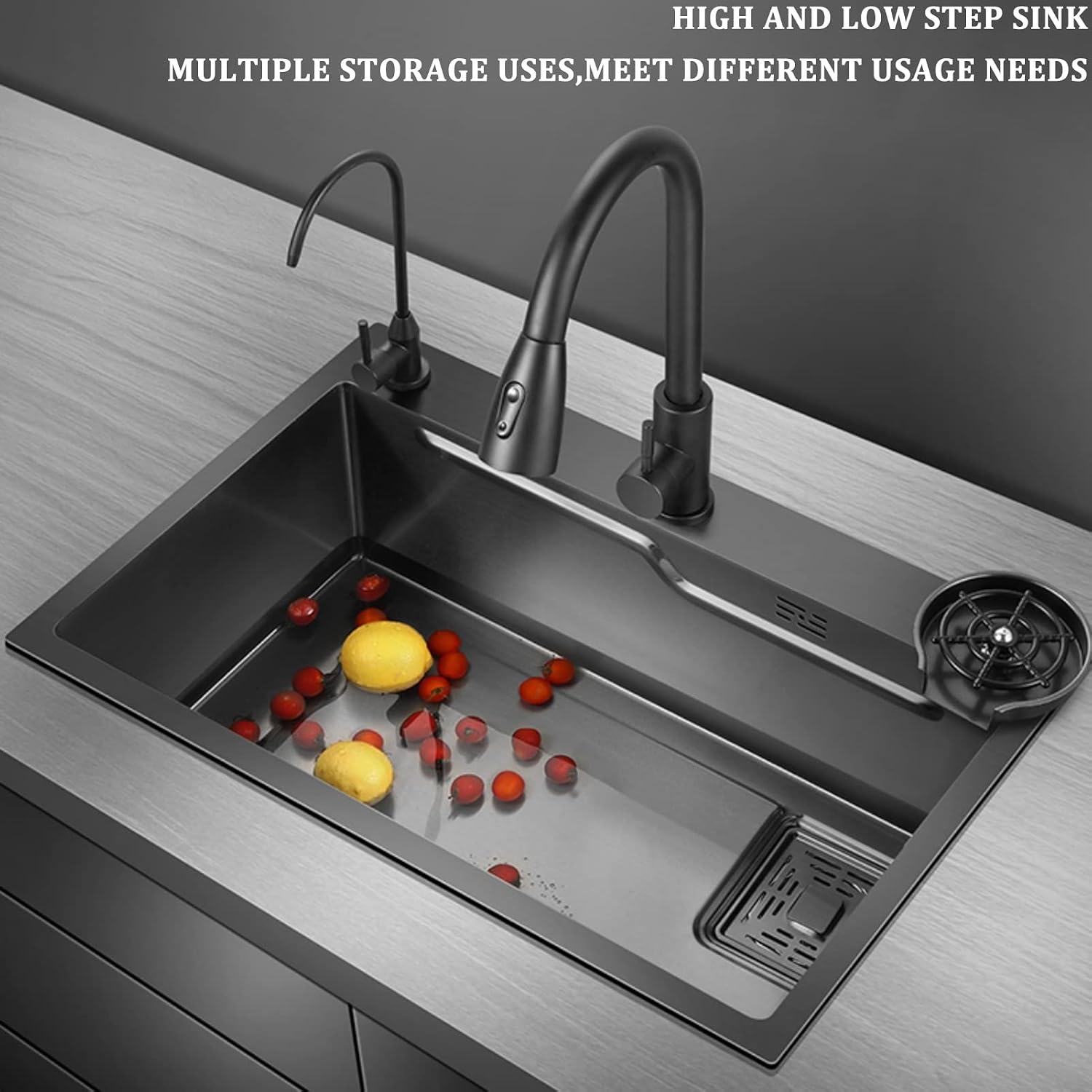 304 Stainless Steel Kitchen Sink Multi-functional Ladder Type Bar Sink Single Bowl RV Sink with Pull-Out Faucet and Cup Washer Drop-in Or Under Mount (Color : Black, Size : 75x45x20cm) (Black 68x4