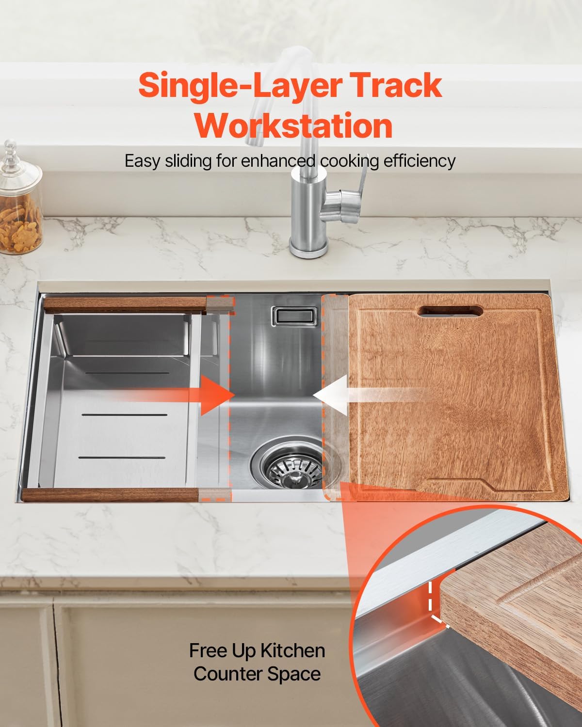 VEVOR 27 inch Kitchen Single Sink, 304 Stainless Steel Undermount Sink Drop-In Single Bowl Farmhouse Basin with Ledge & Multiple Accessories, Household Dishwasher Sinks for Prep Kitchen, Bar 27'*19'