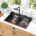 Smart Kitchen Sink - 30' Drop In Waterfall Single Bowl 16 Gauge 304 Stainless Steel Workstation Sink with Mechanical Control Panel & Pull-Down Faucet, Gunmetal Black for Decoration #TLWF-0012