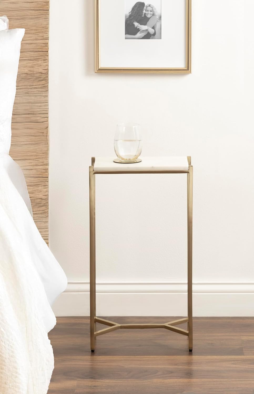 Kate and Laurel Aguilar Modern Glam Slim Side Table; 12 x 7 x 22; White Marble and Gold; Decorative Narrow End Table for Use as Skinny Bedroom Nightstand or Living Room Mini Table