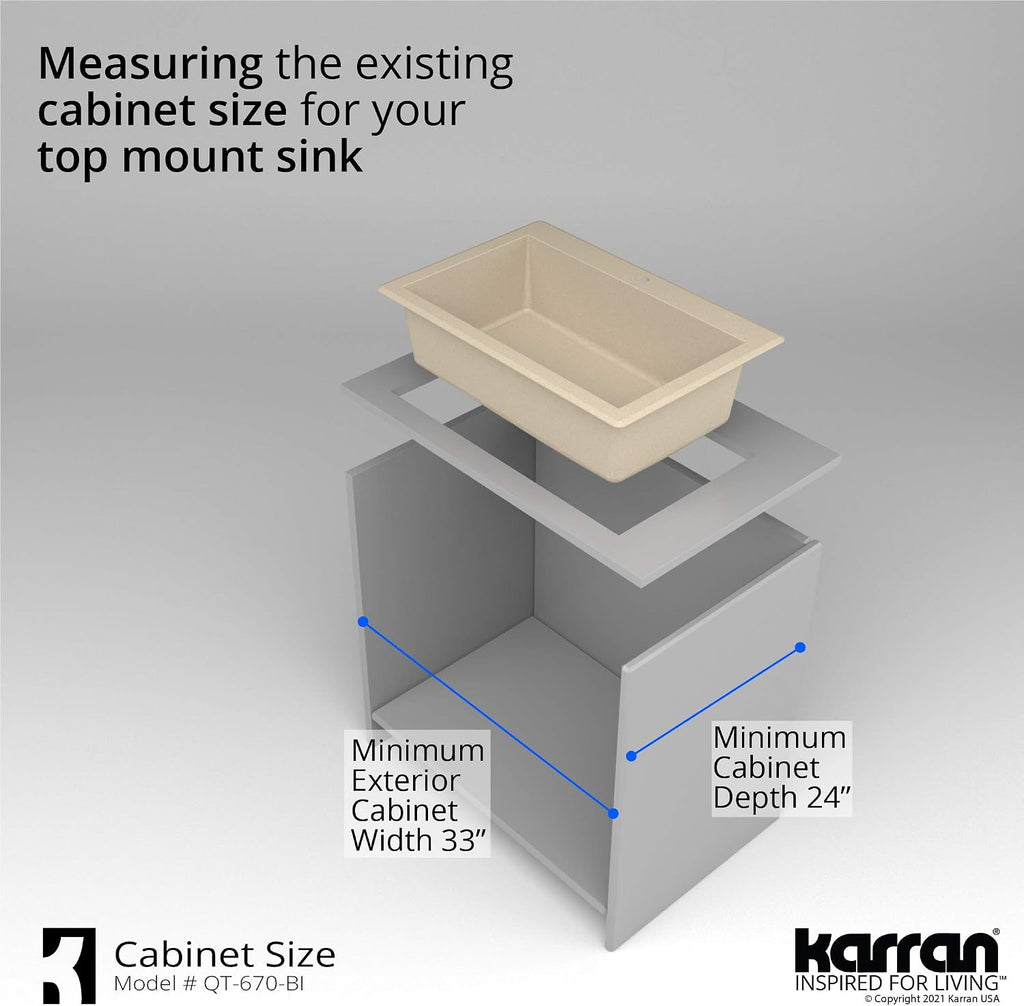 Karran QT-670 Drop-In/Top Mount 33' Single Bowl Granite Quartz Composite Kitchen Sink in Bisque, Right Side Drain, Extra Deep 9' Basin, Heat & Scratch Resistant, Sound Dampening