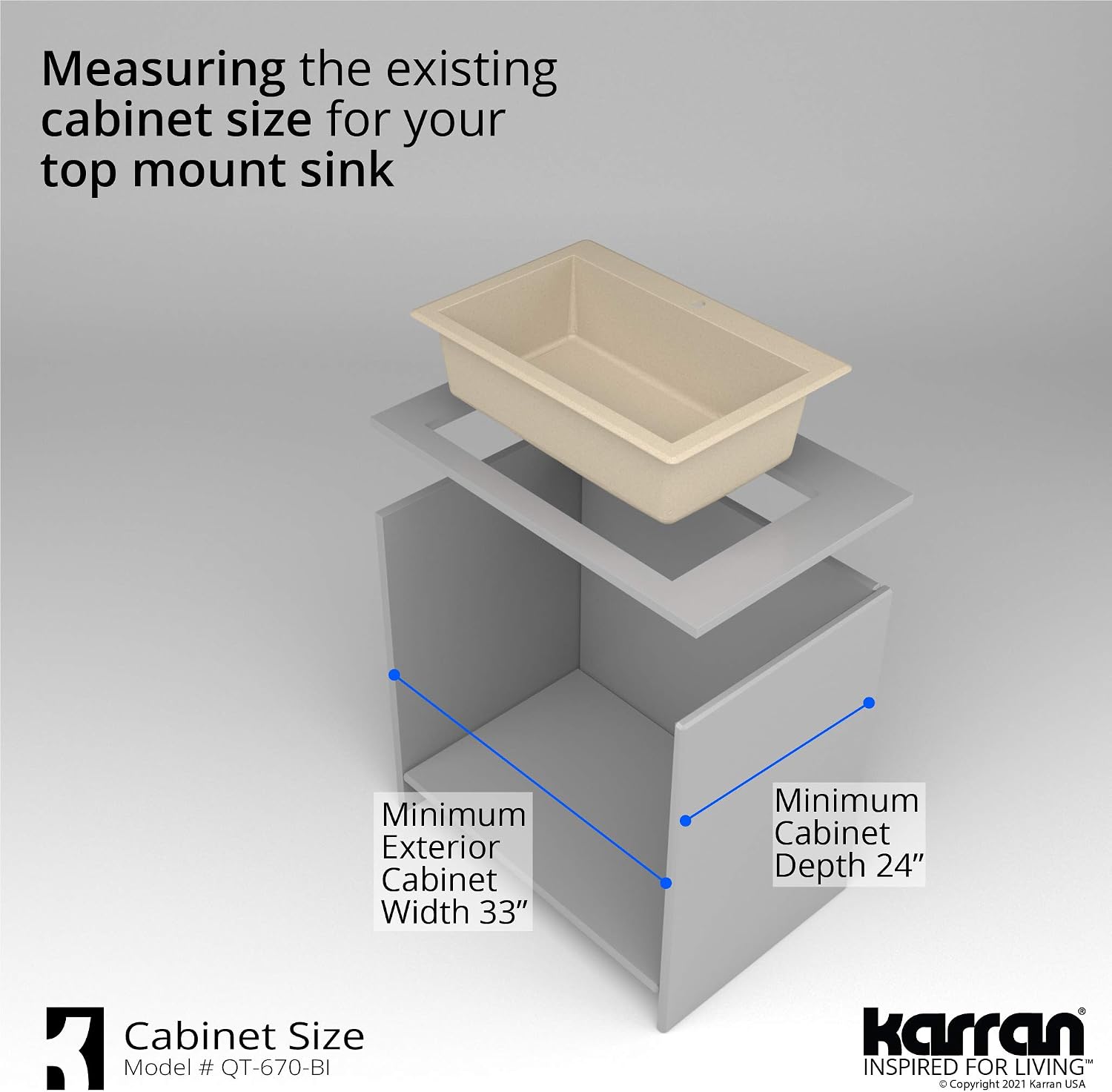 Karran QT-670 Drop-In/Top Mount 33' Single Bowl Granite Quartz Composite Kitchen Sink in Bisque, Right Side Drain, Extra Deep 9' Basin, Heat & Scratch Resistant, Sound Dampening