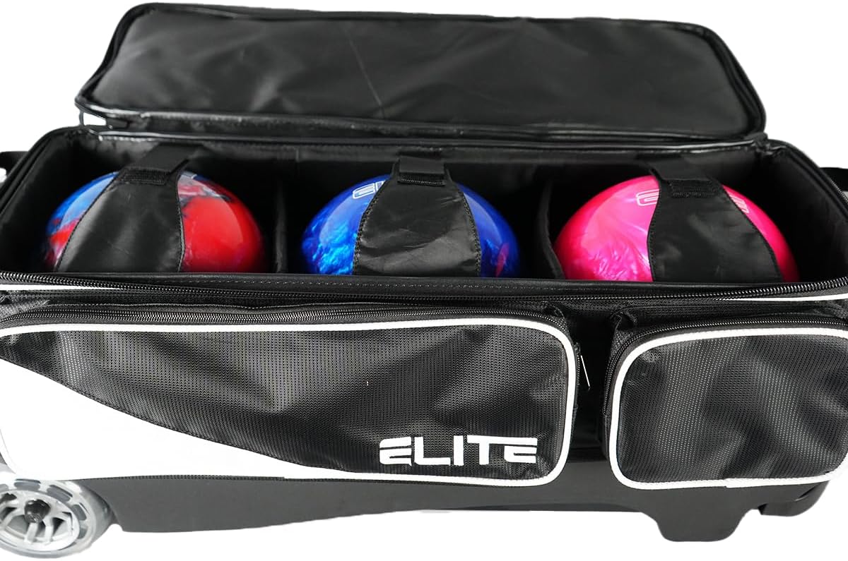 ELITE Deluxe 3 Ball Roller Bowling Bag with 5' Smooth Wheels - 4 Large Accessory Pockets, Shoe Compartment, Extendable Handle - USB Charging Port