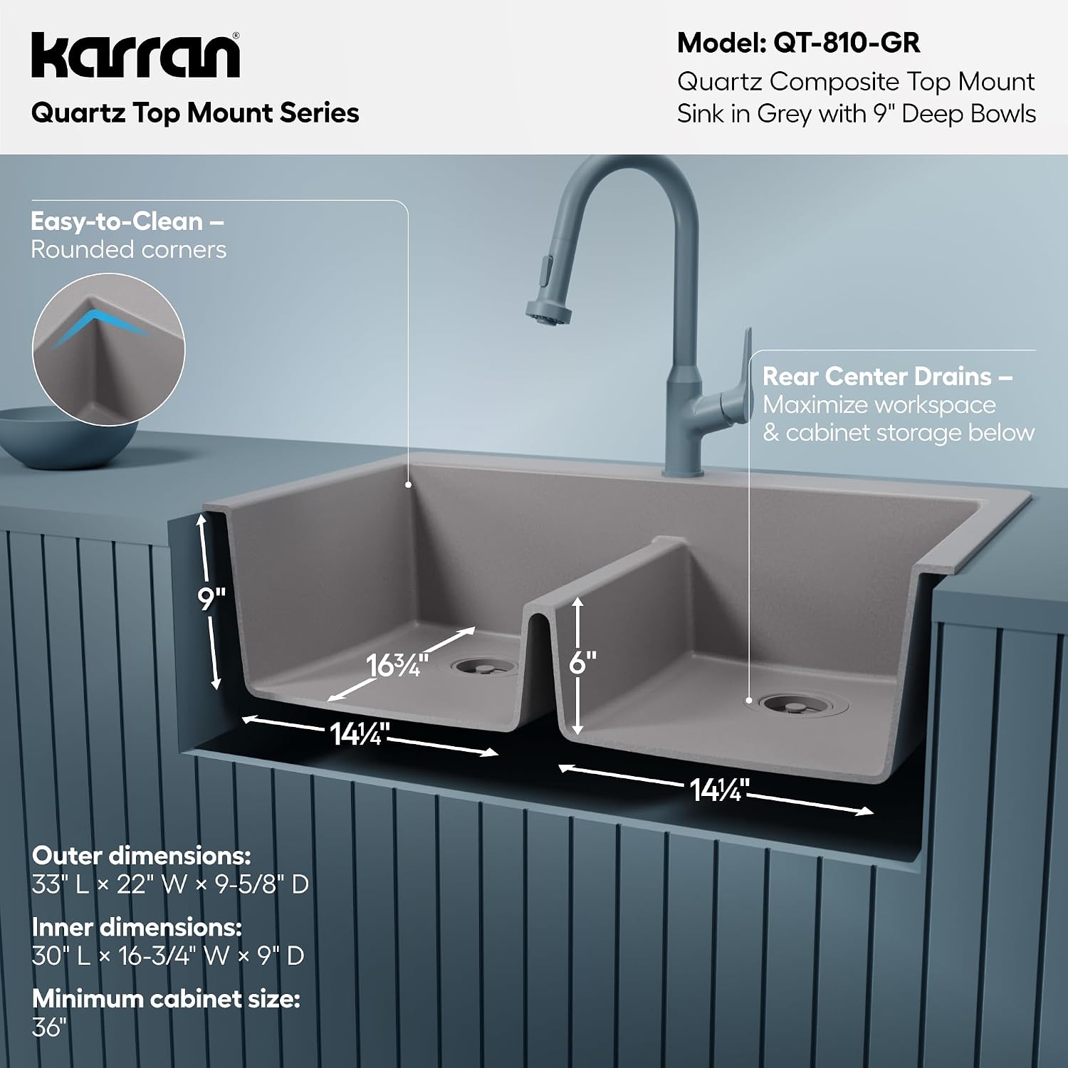Karran 33' Grey Quartz Composite Double Bowl Kitchen Sink – Top Mount Drop-In 50/50 Low Divider, 80% Natural Quartz, 535°F Heat Resistant, Sound Dampening, Granite Composite, QT-810
