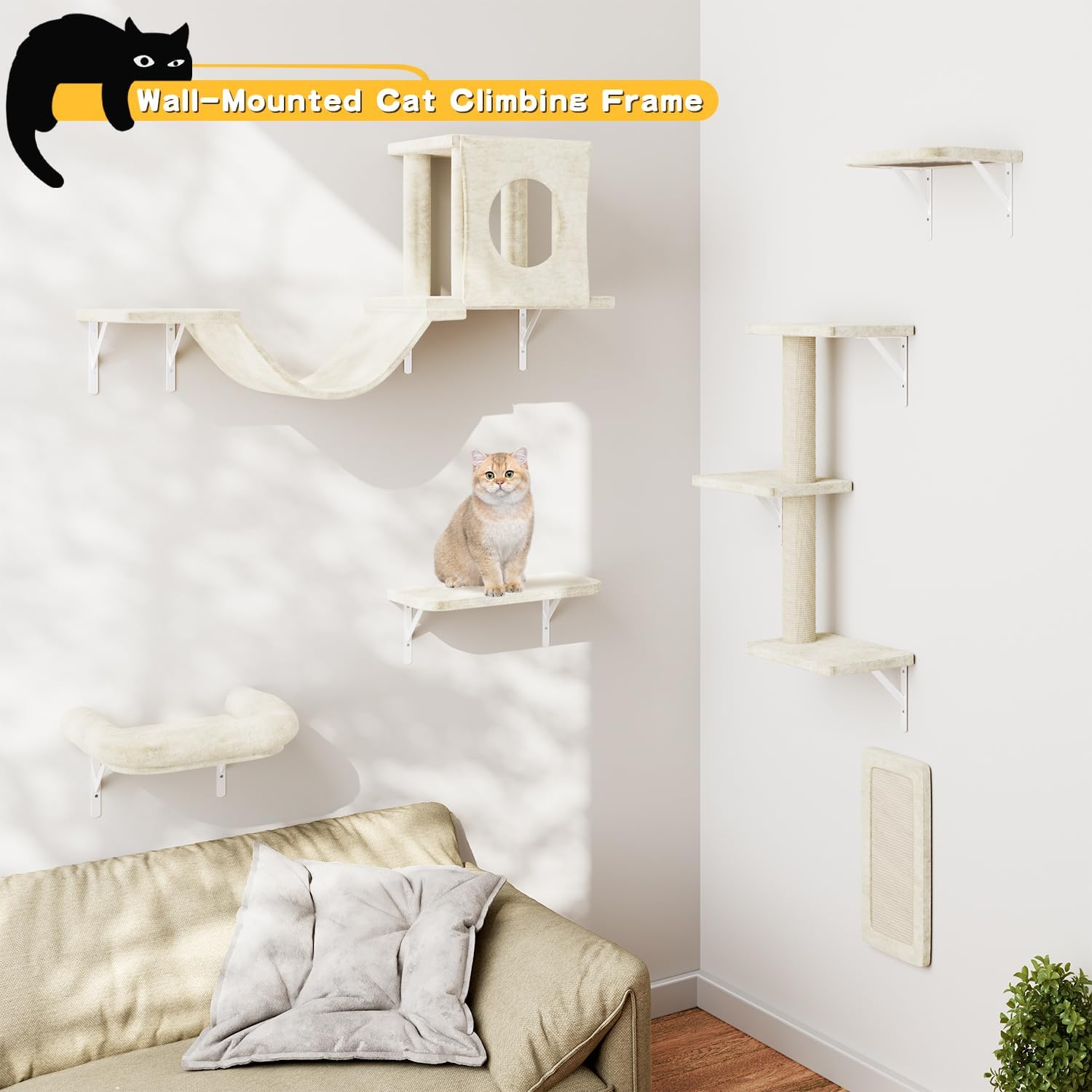 NUNU LAB Wall Mounted Cat Wall Shelves, 12-in-1 Cat Wall Climber with Condos House, Scratching Post, Bridge Ladder, Indoor Space-Saving Furniture for Kittens Play, Beige