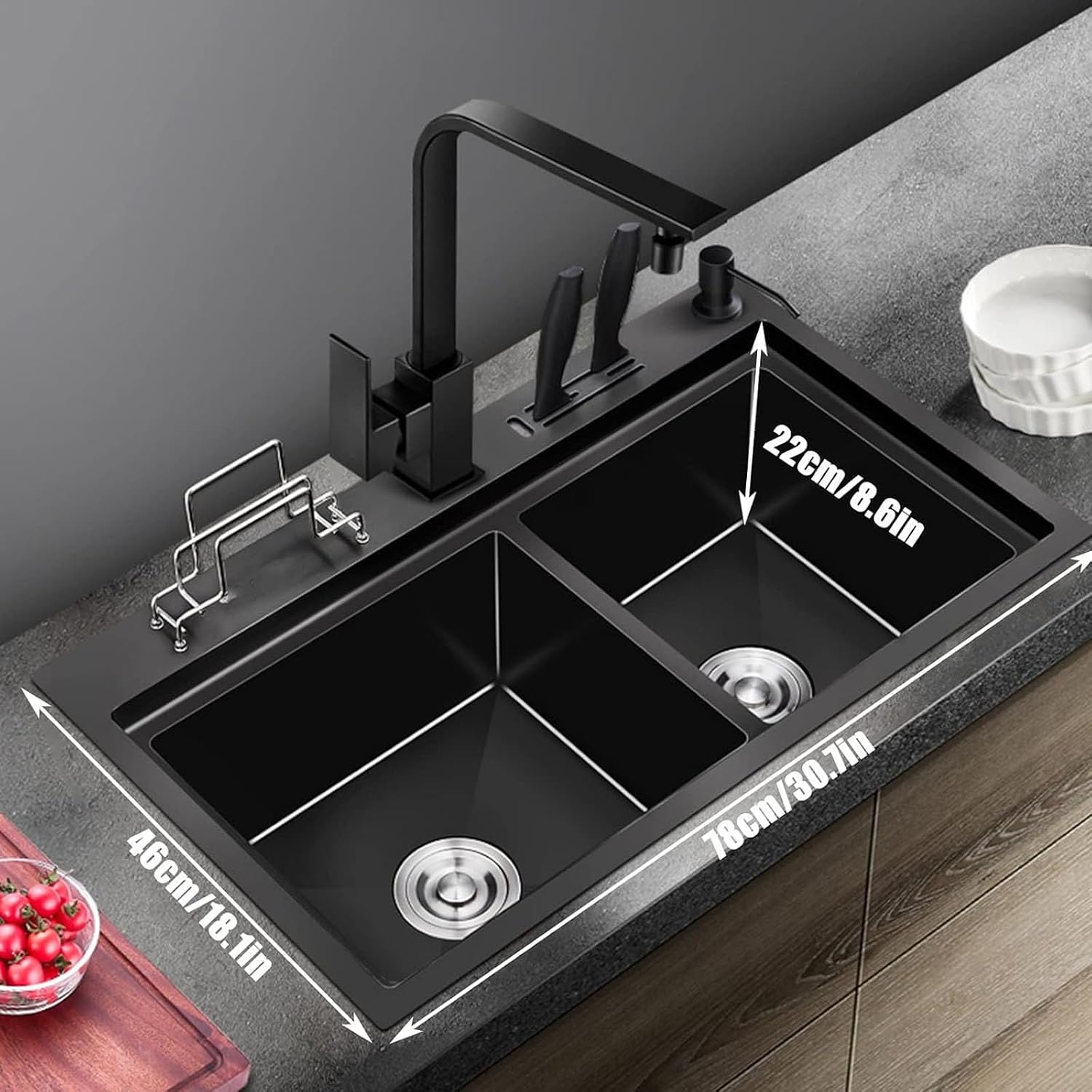 Black Nano Stainless Steel Kitchen Sink Double Bowl Bar Sinks Rv Sink with with Square Faucet & Sink Accessories Drop-in Or Undermount (Color : Black, Size : 75x46x22cm) (Black 75x46x22cm)